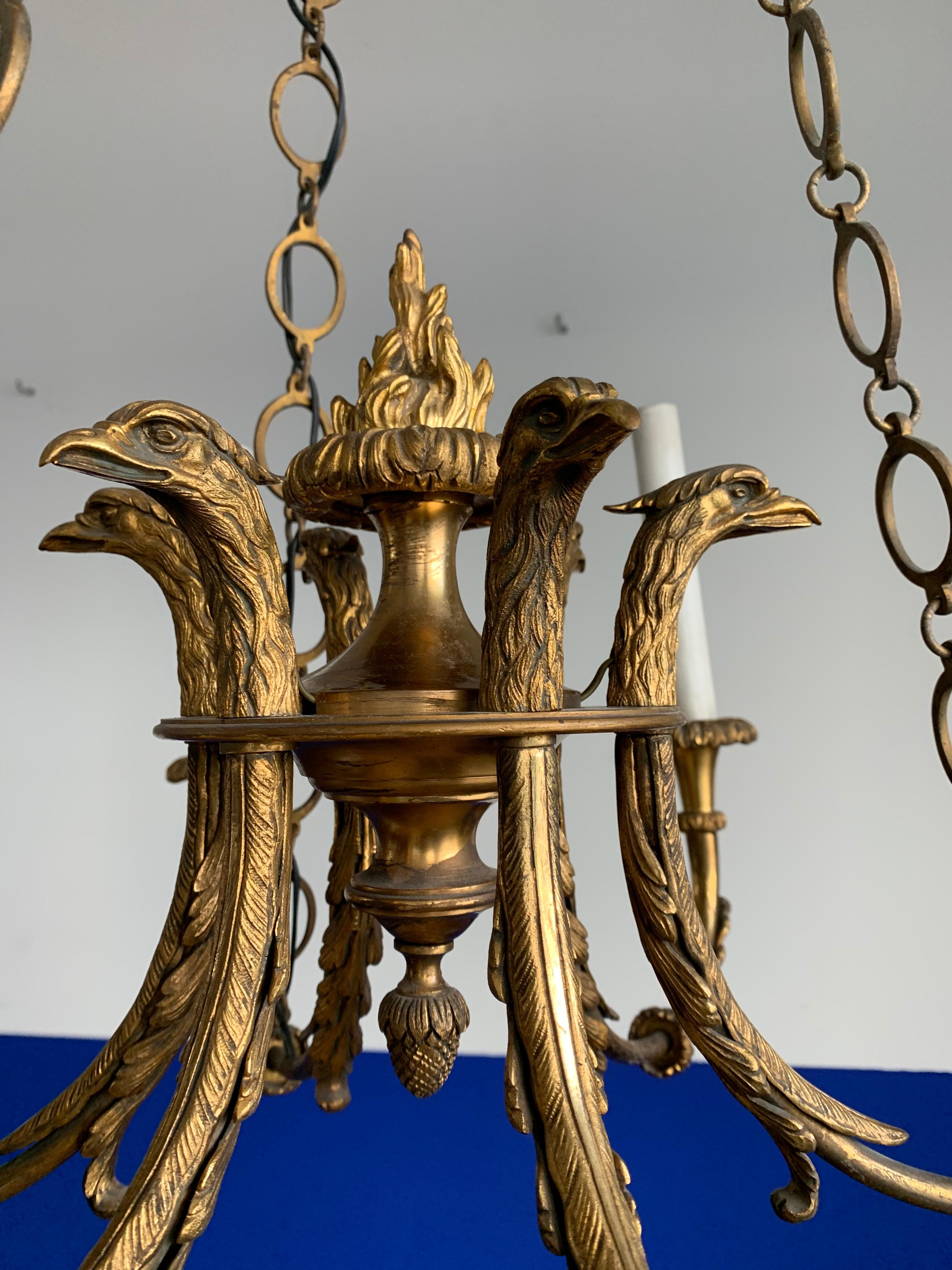 Antique & Striking Empire Revival Gilt Bronze Pendant Light w. Eagle Sculptures In Good Condition For Sale In Lisse, NL