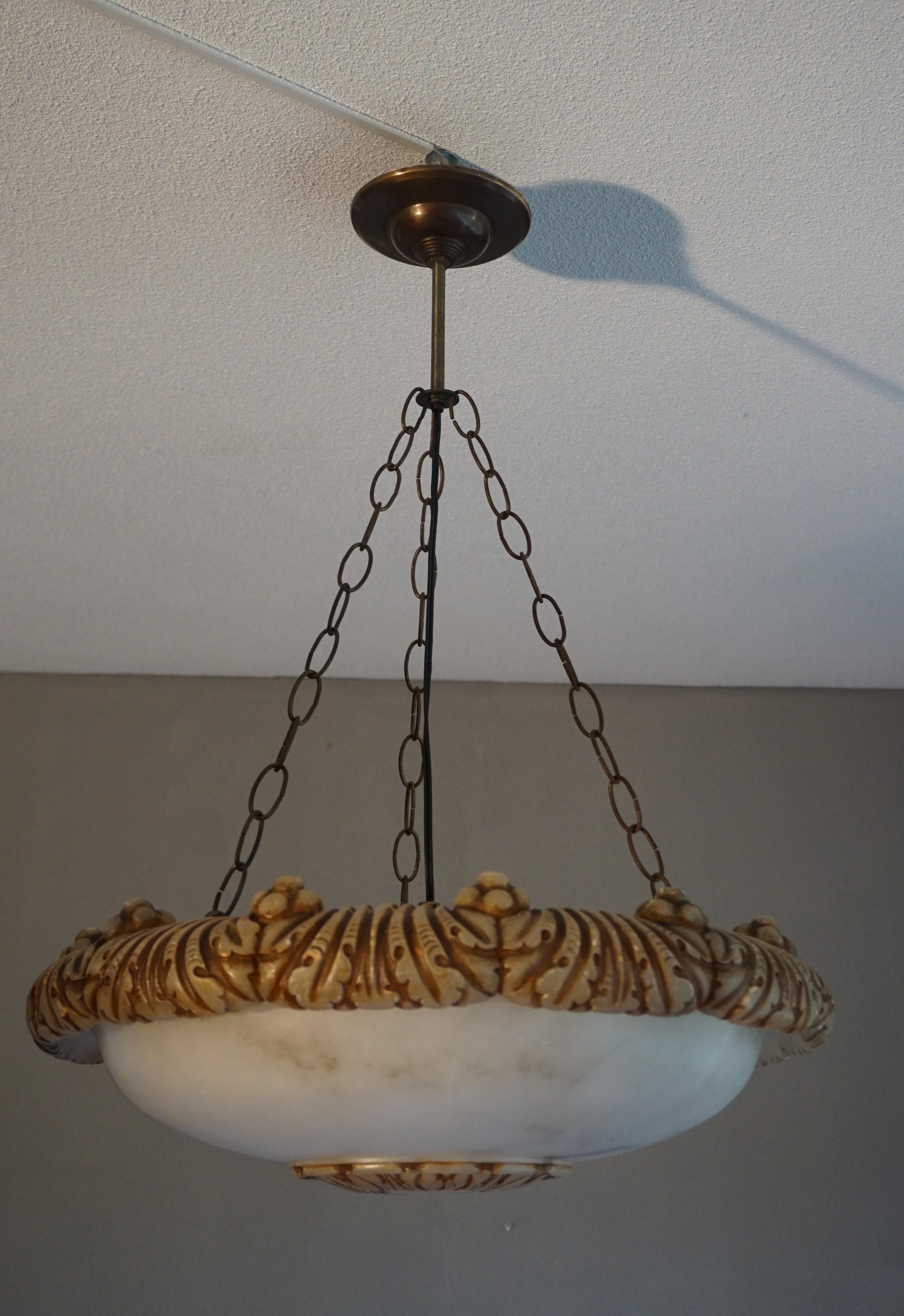 Italian Antique, Striking & Large Hand-Carved & Colored Alabaster Pendant Light Fixture