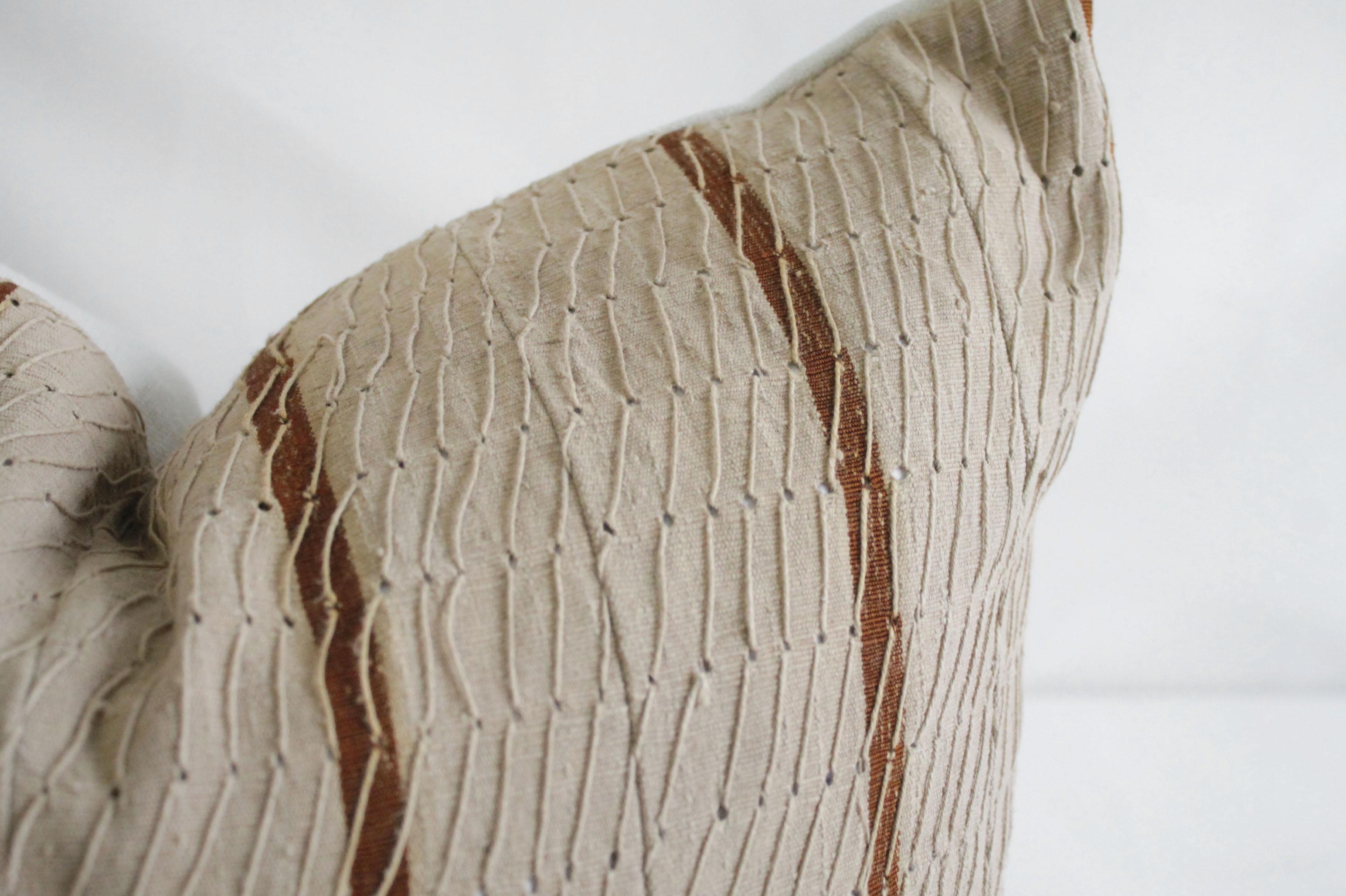 Antique Stripe Linen and Cotton Textured Pillow Sham Natural and Dark Rust In Good Condition In Old Town Orange, CA