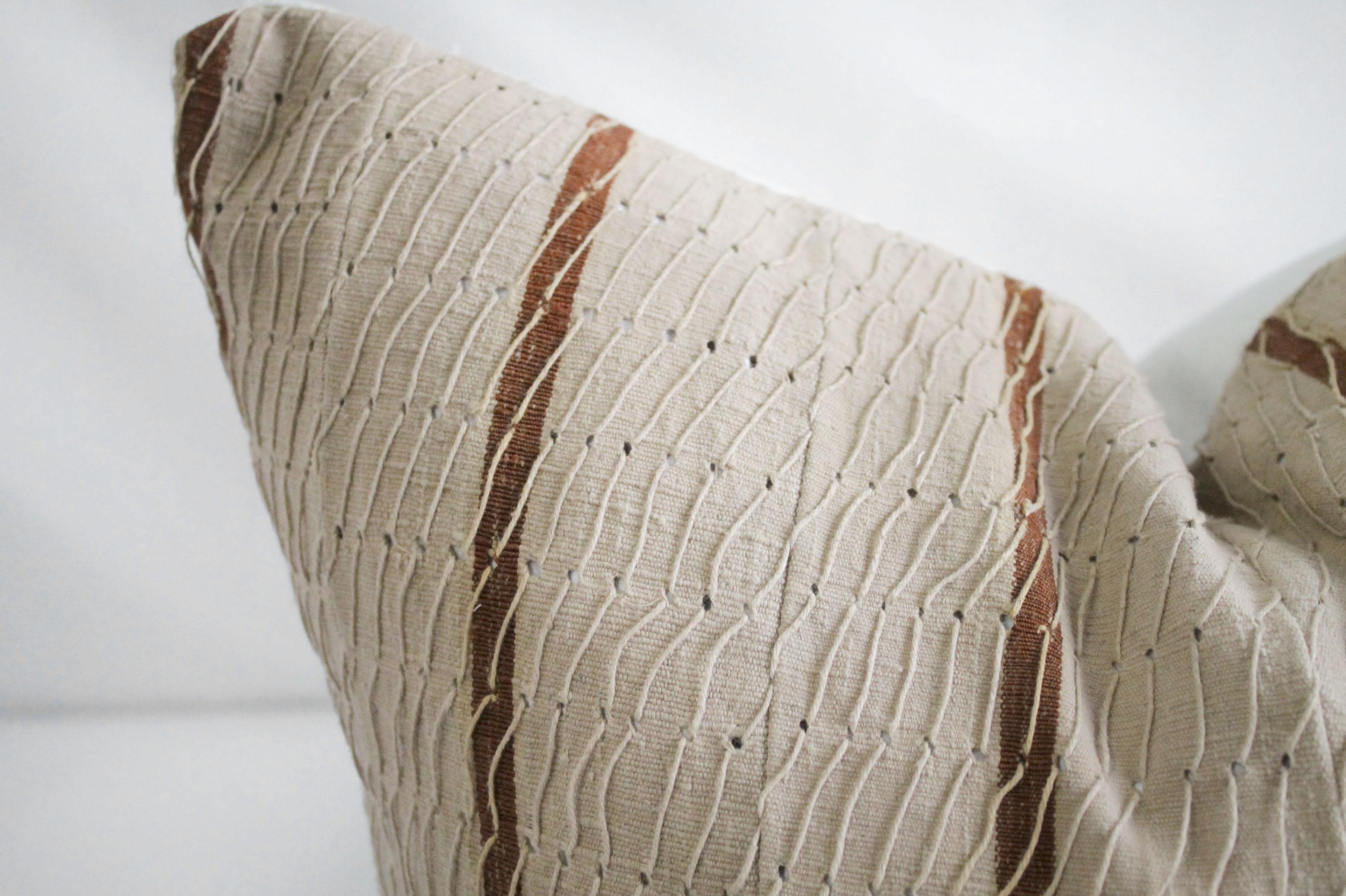 20th Century Antique Stripe Linen and Cotton Textured Pillow Sham Natural and Dark Rust