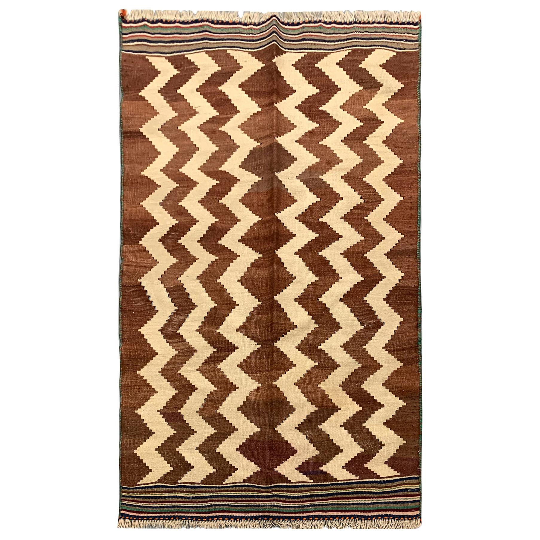 Beige Striped Kilim Rug Modern Rug Brown Kilim Cream Wool Carpet Area