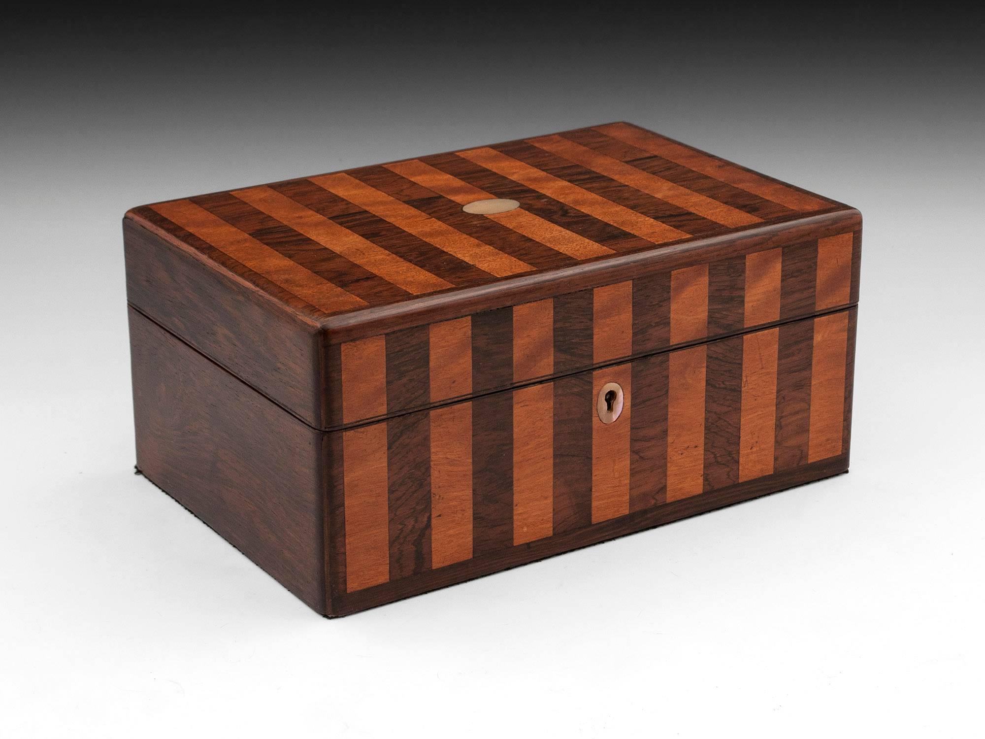 British Antique Striped Mahogany and Satinwood Jewellery Box