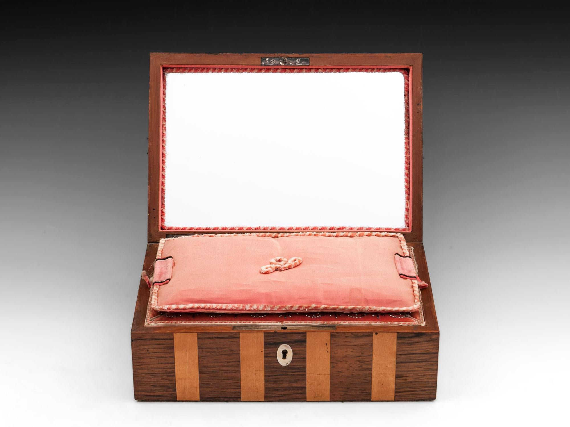 Antique Striped Mahogany Palais Royal Sewing Box, France, 19th Century For Sale 1