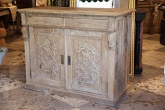 Antique Stripped French Oak Cabinet with Carved Appliqué Doors