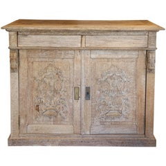 Antique Stripped French Oak Cabinet with Carved Appliqué Doors