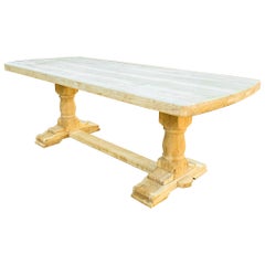 Antique Stripped French Oak Trestle and Pedestal Dining Table with Curved Ends