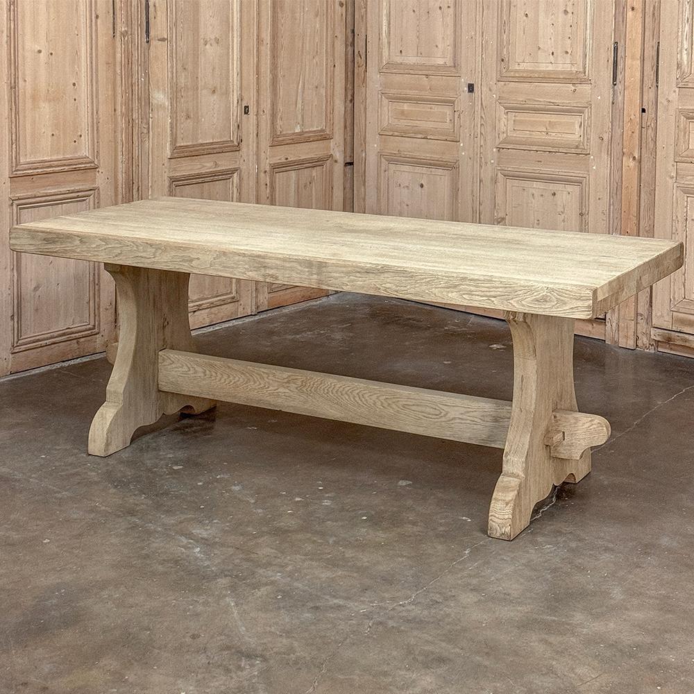 Antique Stripped Oak Rustic European Trestle Table ~ Dining Table was literally designed to last for centuries!  Hand-crafted from thick, dense old-growth white oak, the top is made from planks so thick a supporting apron is entirely unnecessary. 