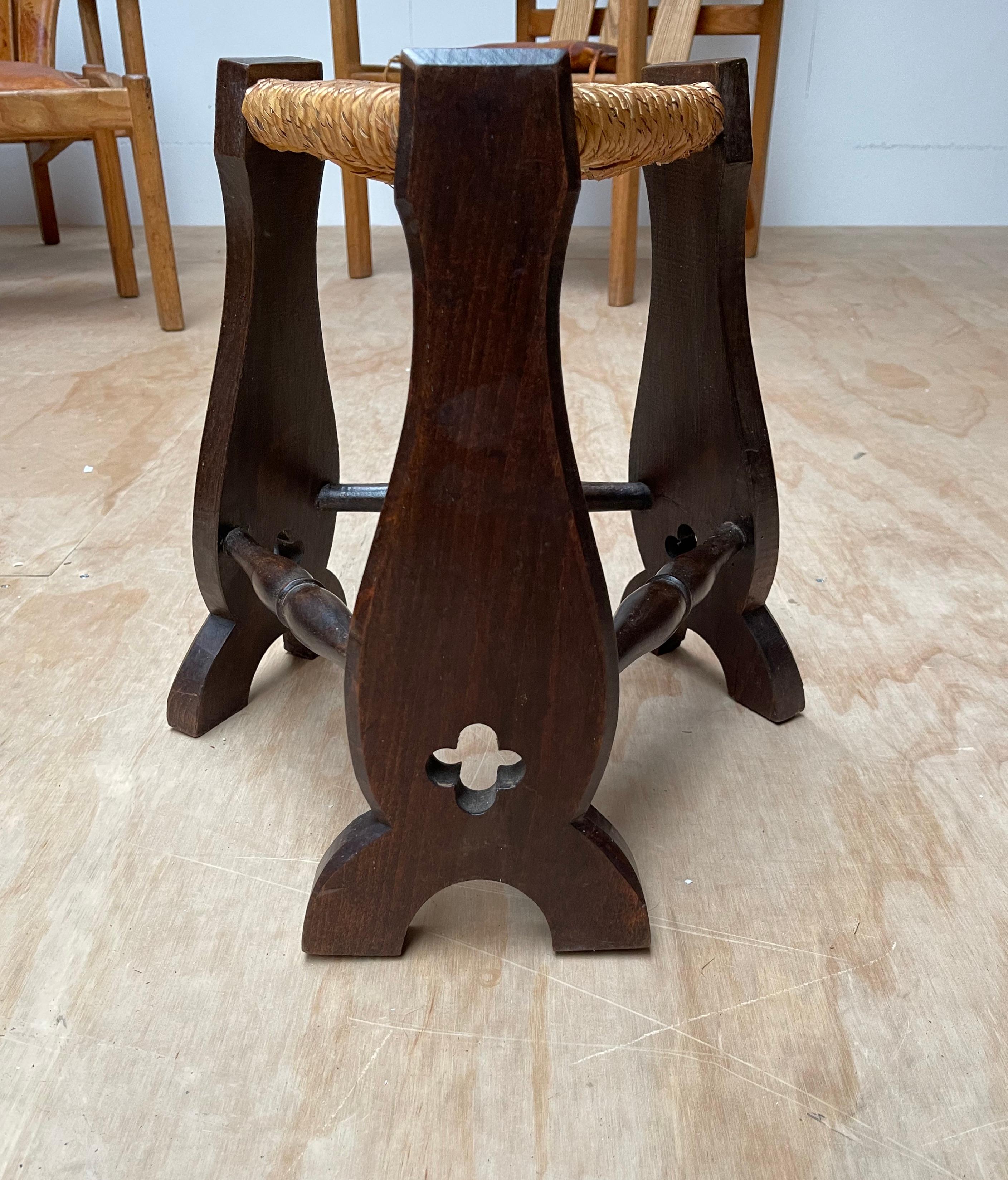 Hand-Crafted Antique and Strong Spanish Oak Gothic Stool wiRush Seat, Arts & Crafts Era For Sale