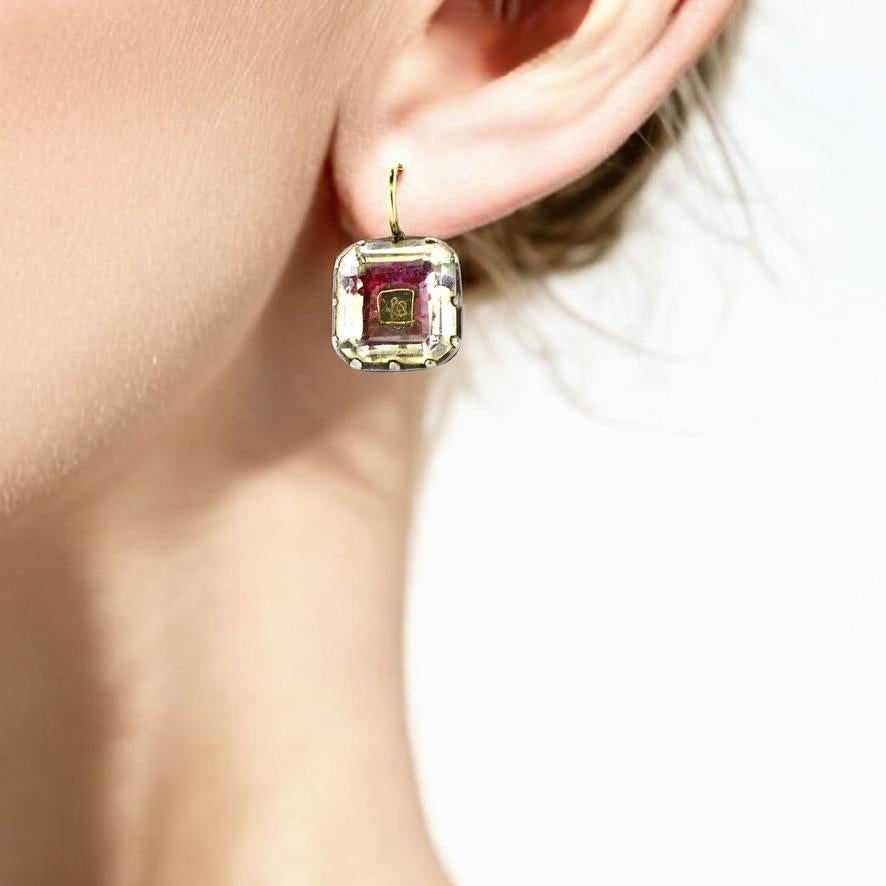 Antique Cushion Cut Antique Stuart Crystal Silver and Gold Earrings, Georgian, c. 1650. For Sale