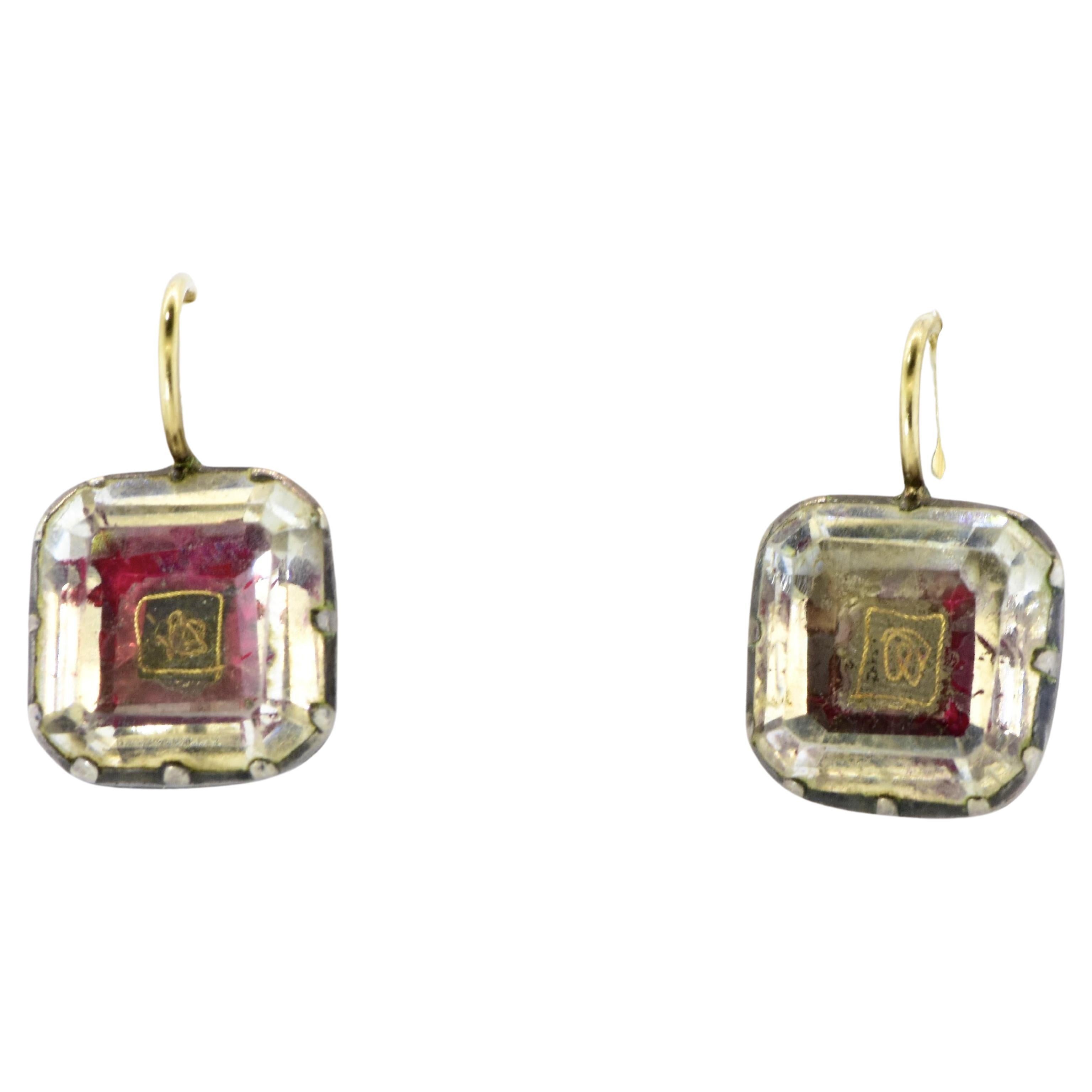 Stuart Crystal silver and gold earrings, c. 1650, Georgian, (King George the Second).  These Stuart Crystals, square cut with soft corners, are set in silver with gold wire -which were probably updated and replaced more than 125 years ago.  The