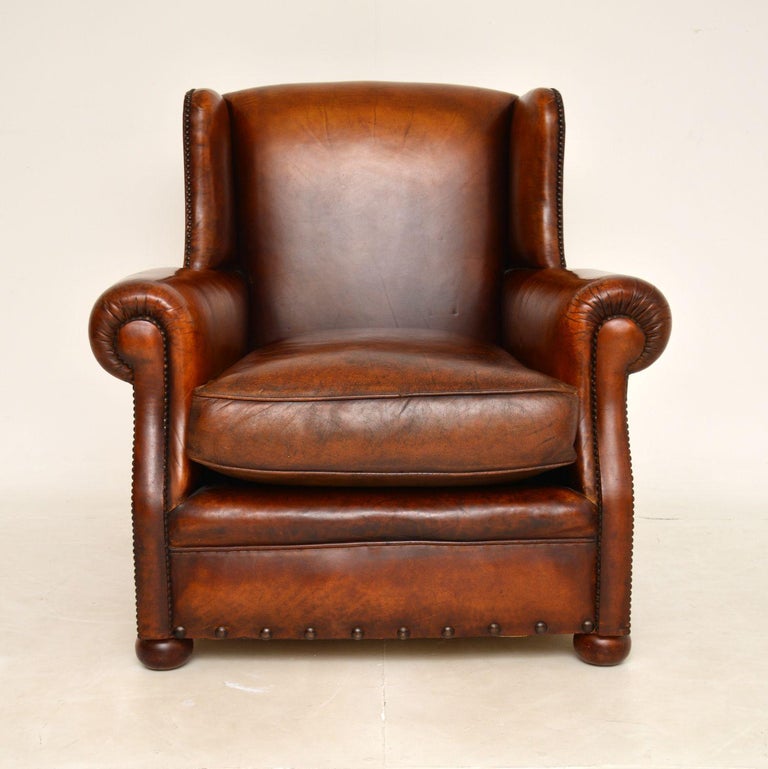 Victorian Antique Studded Leather Wing Back Club Armchair For Sale
