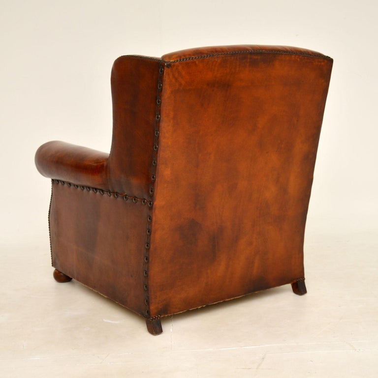 Antique Studded Leather Wing Back Club Armchair For Sale 1