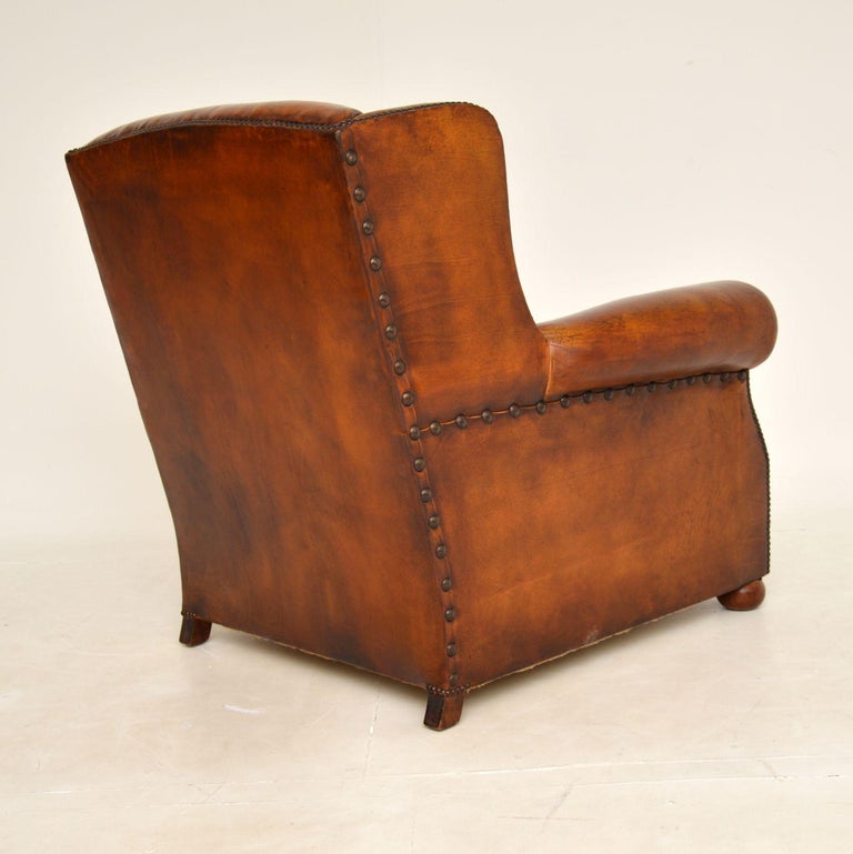 Antique Studded Leather Wing Back Club Armchair For Sale 2