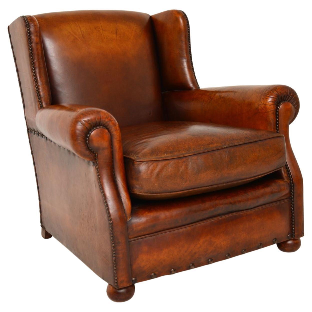 Antique Studded Leather Wing Back Club Armchair