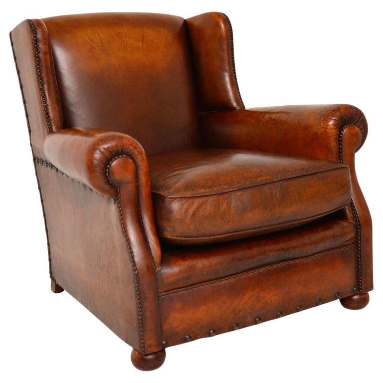 Antique Studded Leather Wing Back Club Armchair For Sale