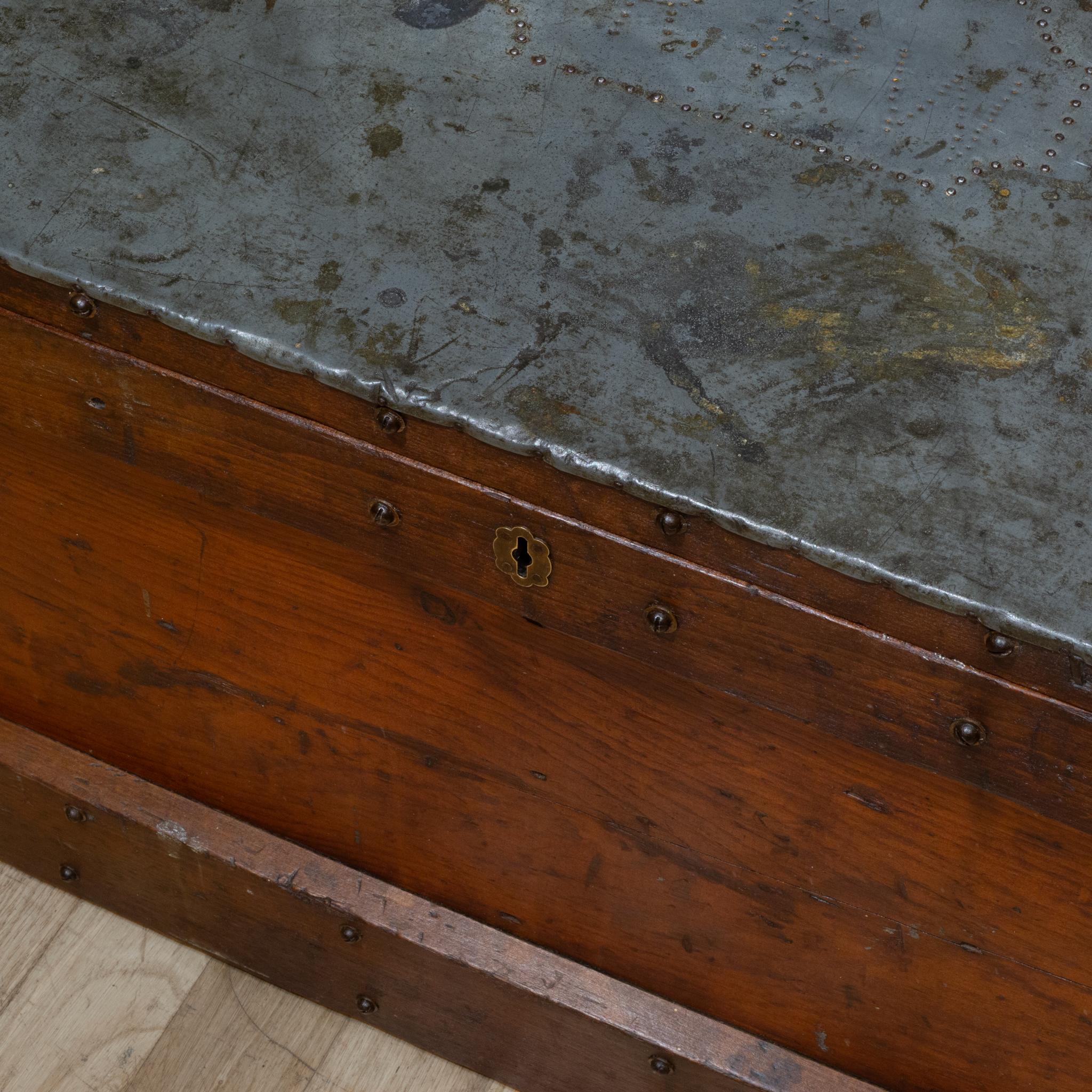 Antique Studded Redwood, Bronze and Cast Iron Trunk c.1850-1920, Monogrammmed For Sale 5