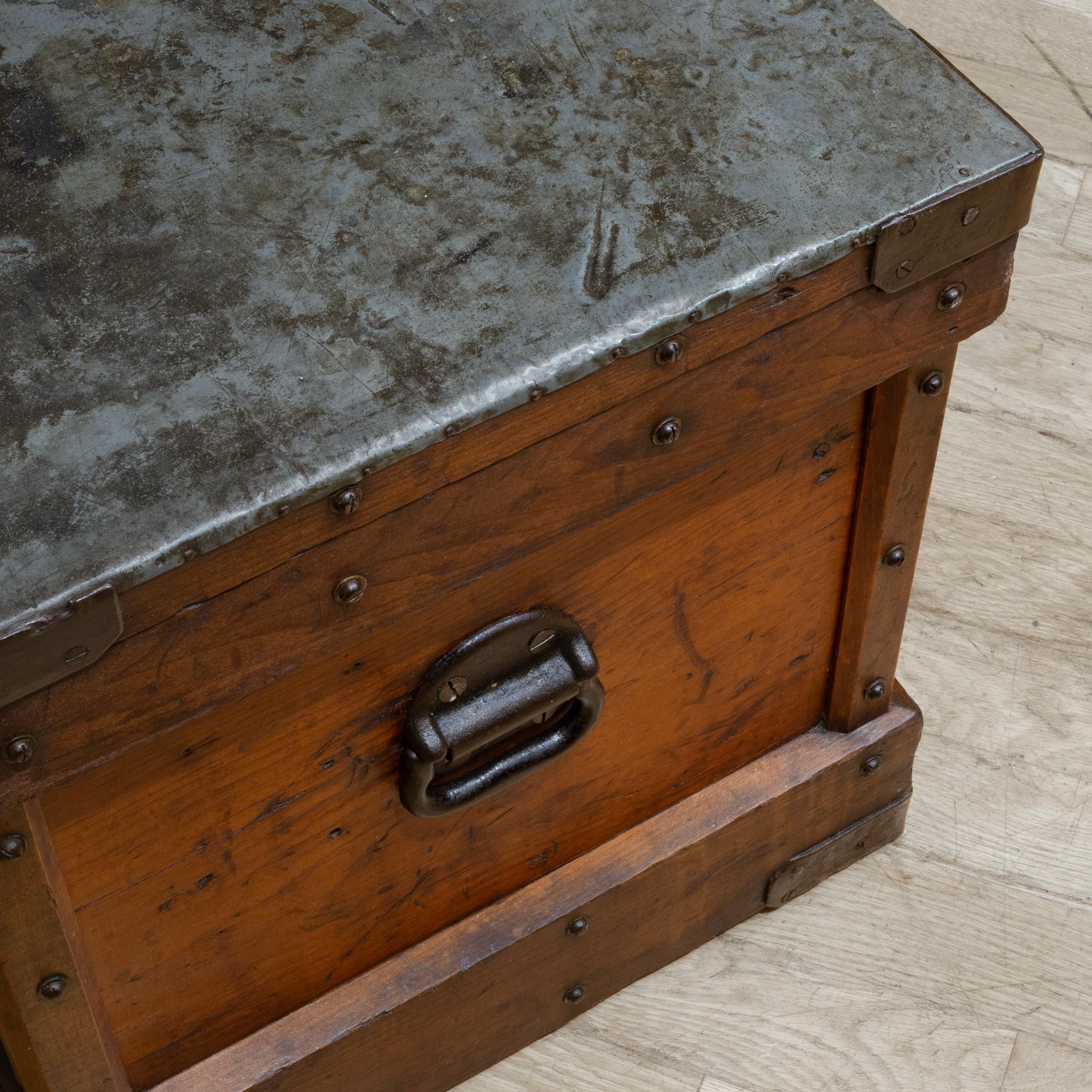 Antique Studded Redwood, Bronze and Cast Iron Trunk c.1850-1920, Monogrammmed For Sale 6