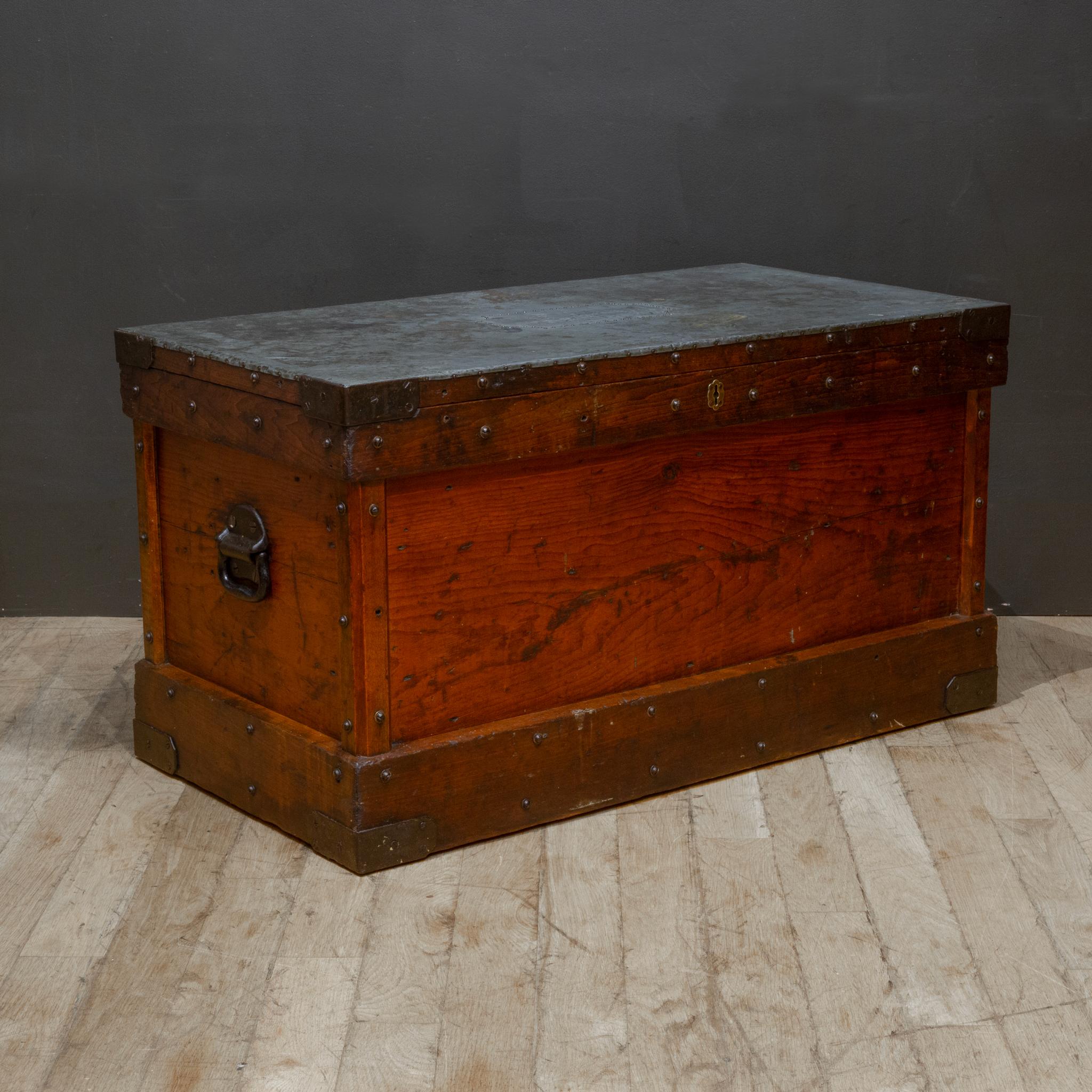 Rustic Antique Studded Redwood, Bronze and Cast Iron Trunk c.1850-1920, Monogrammmed For Sale