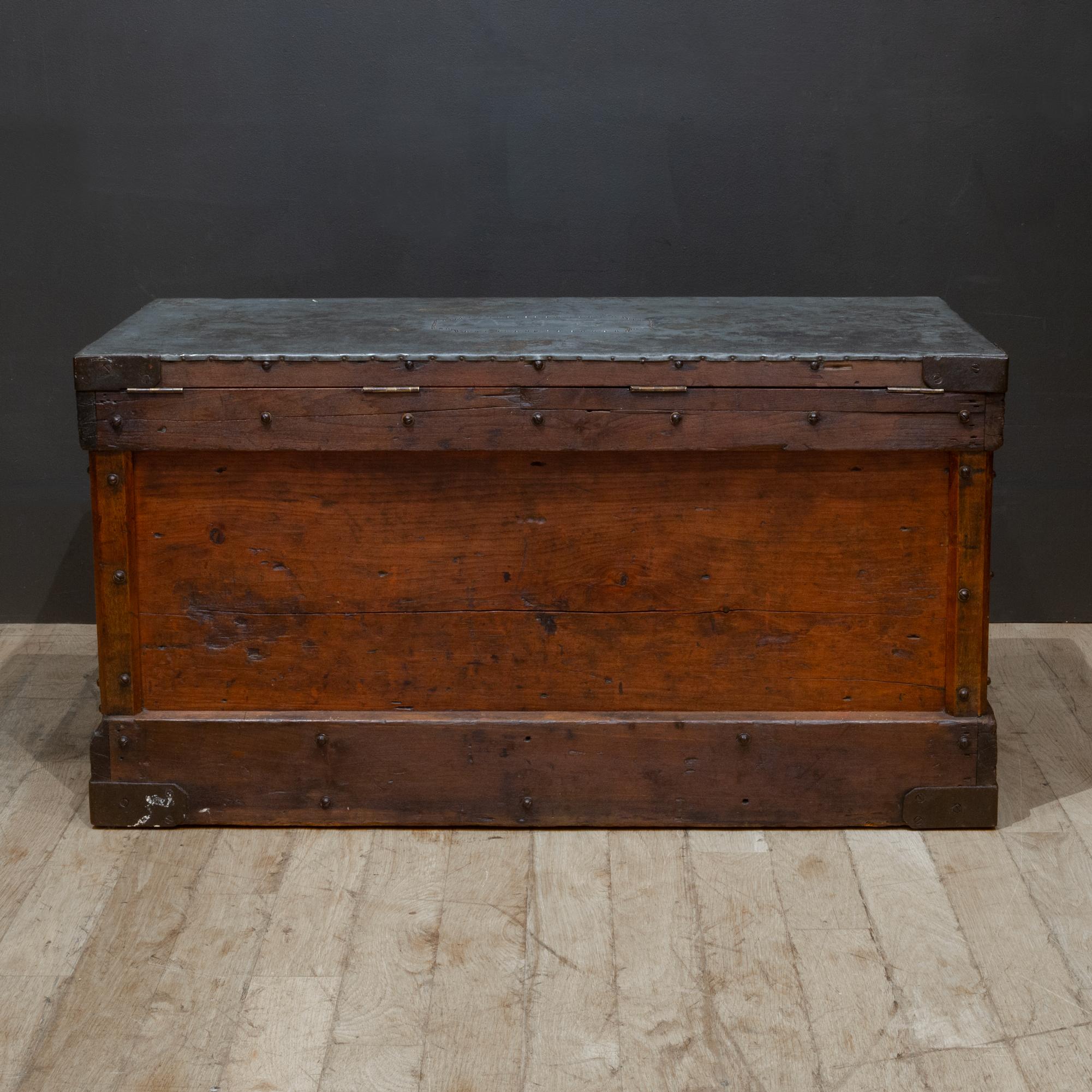 Antique Studded Redwood, Bronze and Cast Iron Trunk c.1850-1920, Monogrammmed In Good Condition For Sale In San Francisco, CA