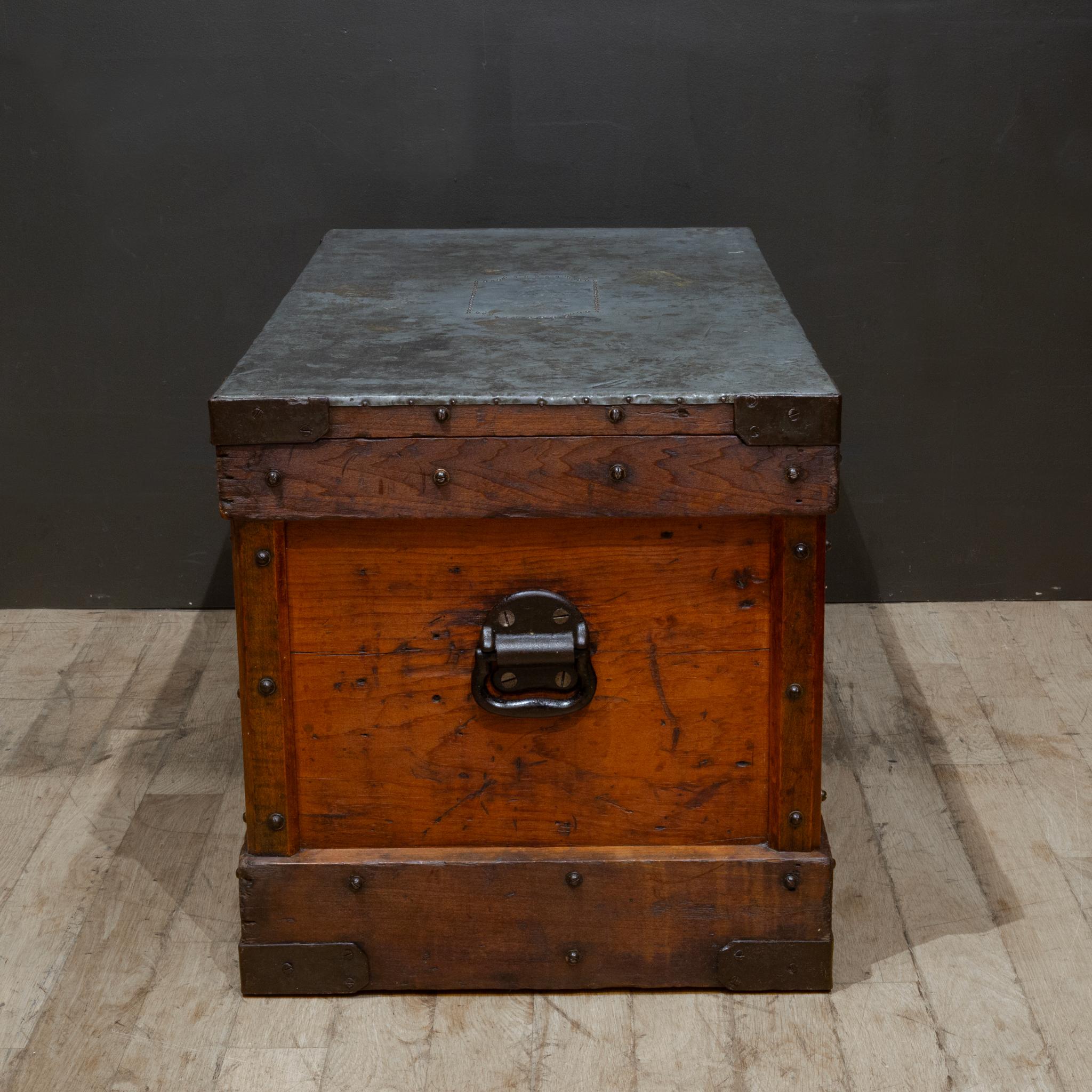 Metal Antique Studded Redwood, Bronze and Cast Iron Trunk c.1850-1920, Monogrammmed For Sale