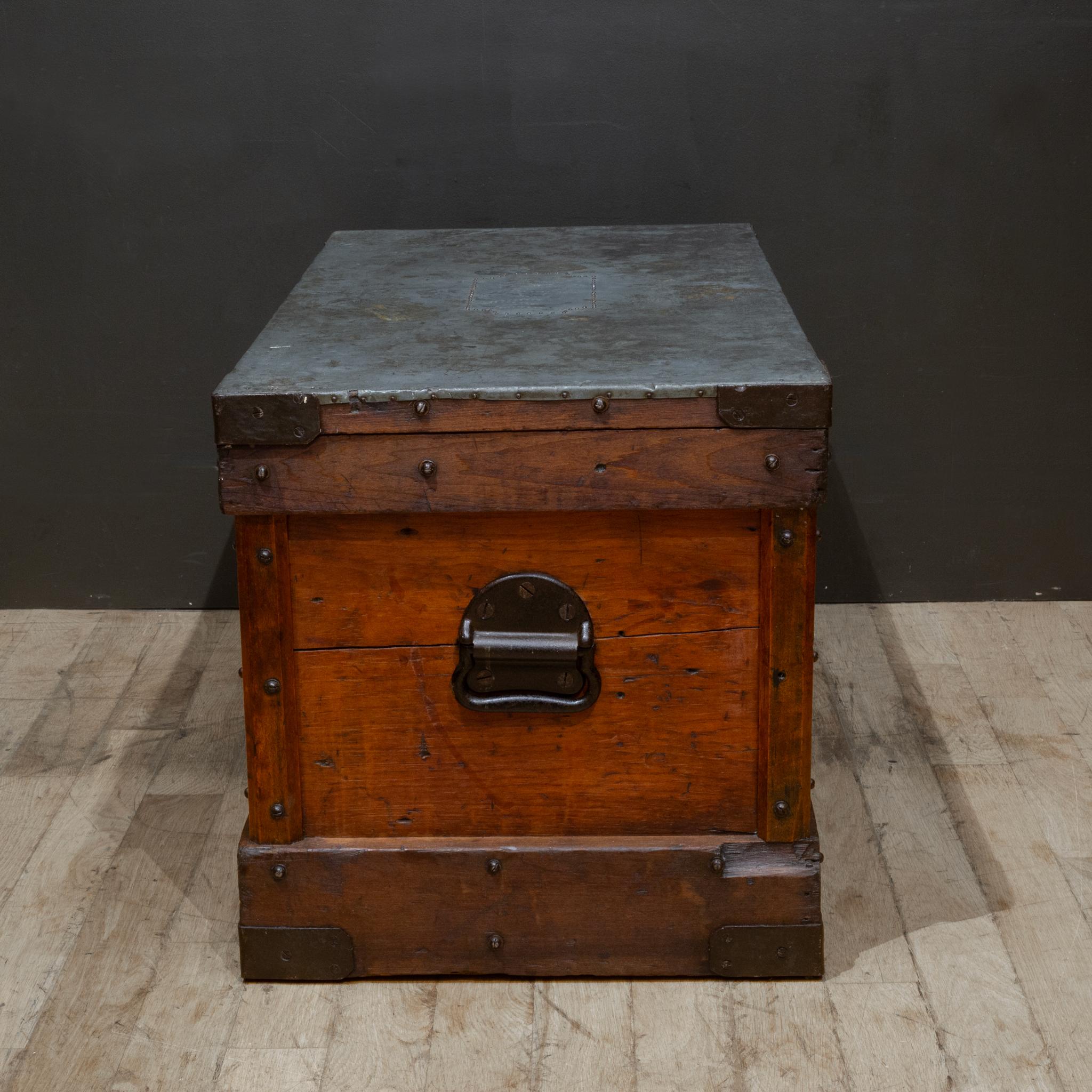 Antique Studded Redwood, Bronze and Cast Iron Trunk c.1850-1920, Monogrammmed For Sale 1