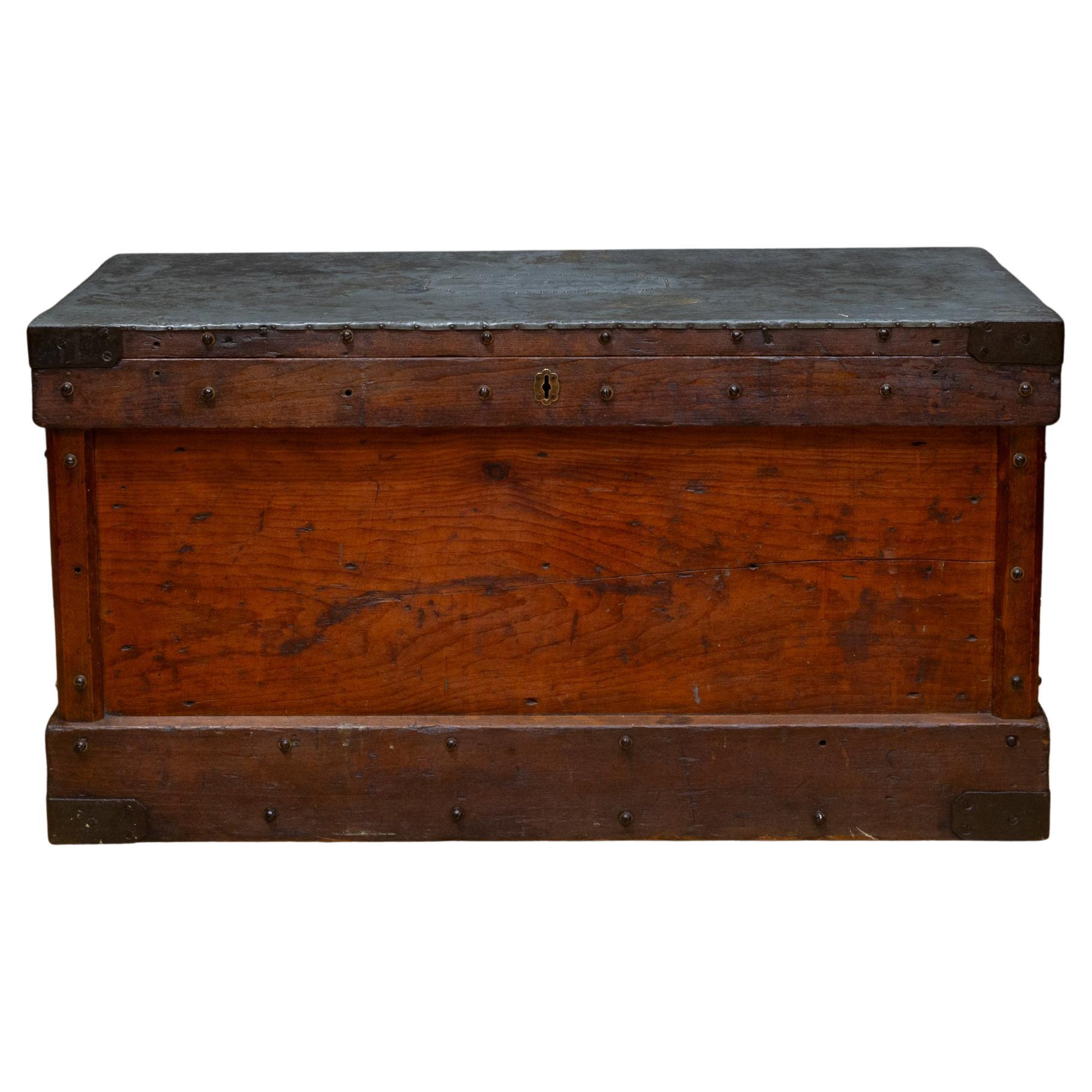 Antique Studded Redwood, Bronze and Cast Iron Trunk c.1850-1920, Monogrammmed