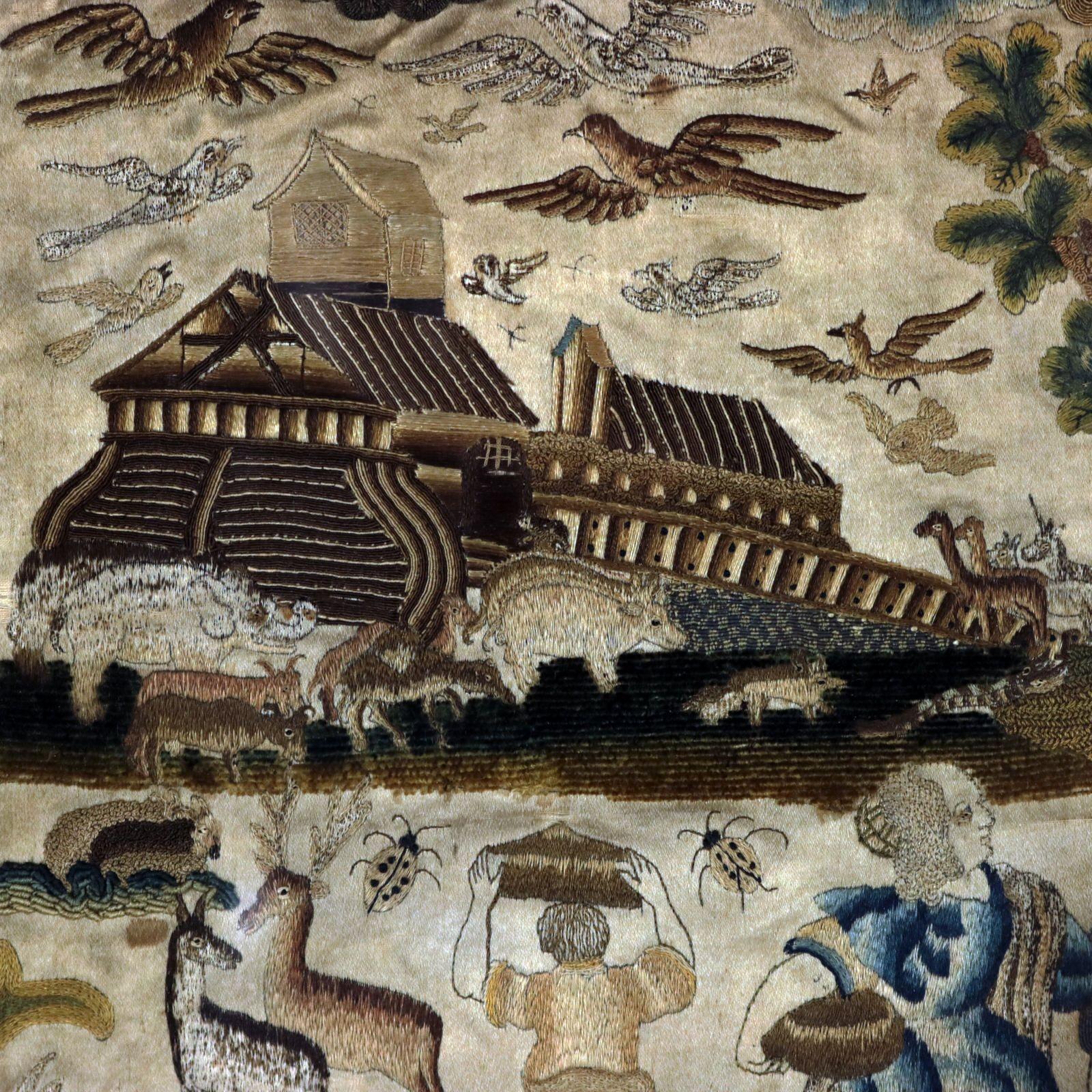 Antique Stumpwork Embroidery Picture Depciting Noah's Ark In Good Condition In Chelmsford, Essex
