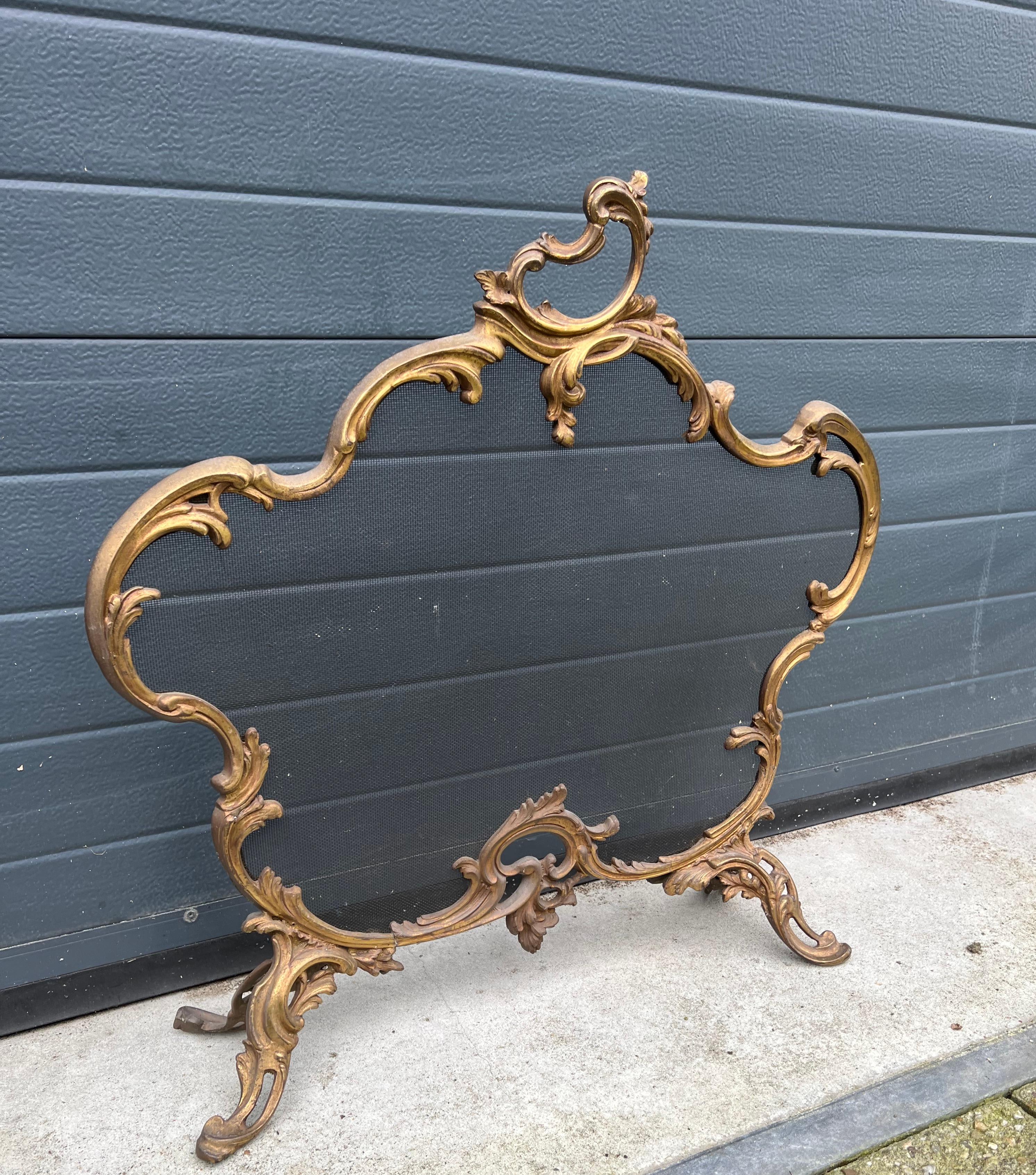 Louis XV Antique & Stunning 19th Century Gilt Bronze Firescreen with Mint Wire Mesh 1880s For Sale