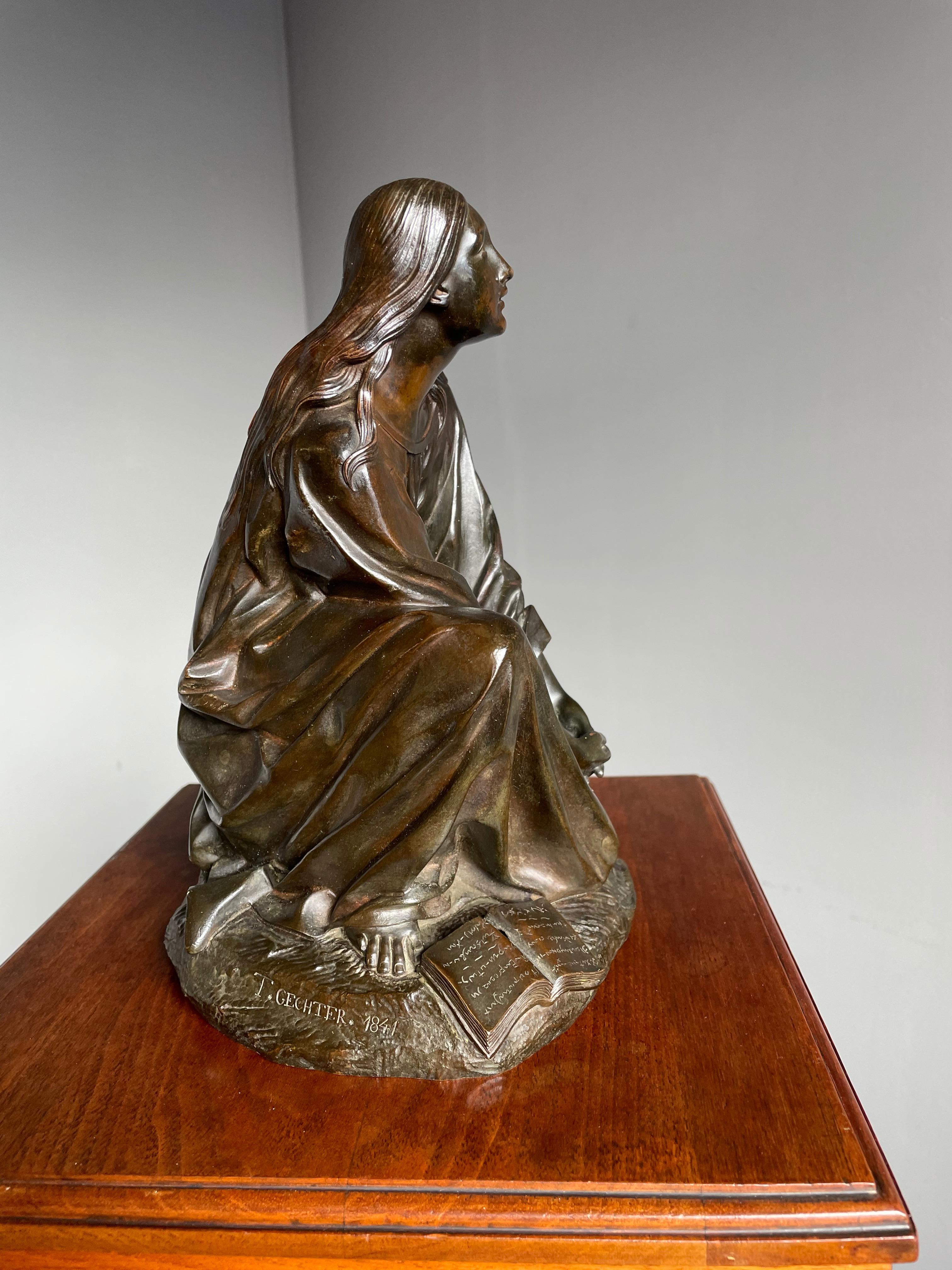Antique & Stunning Bronze Kneeling Angel Sculpture Marked 1841 by T. Gechter For Sale 10
