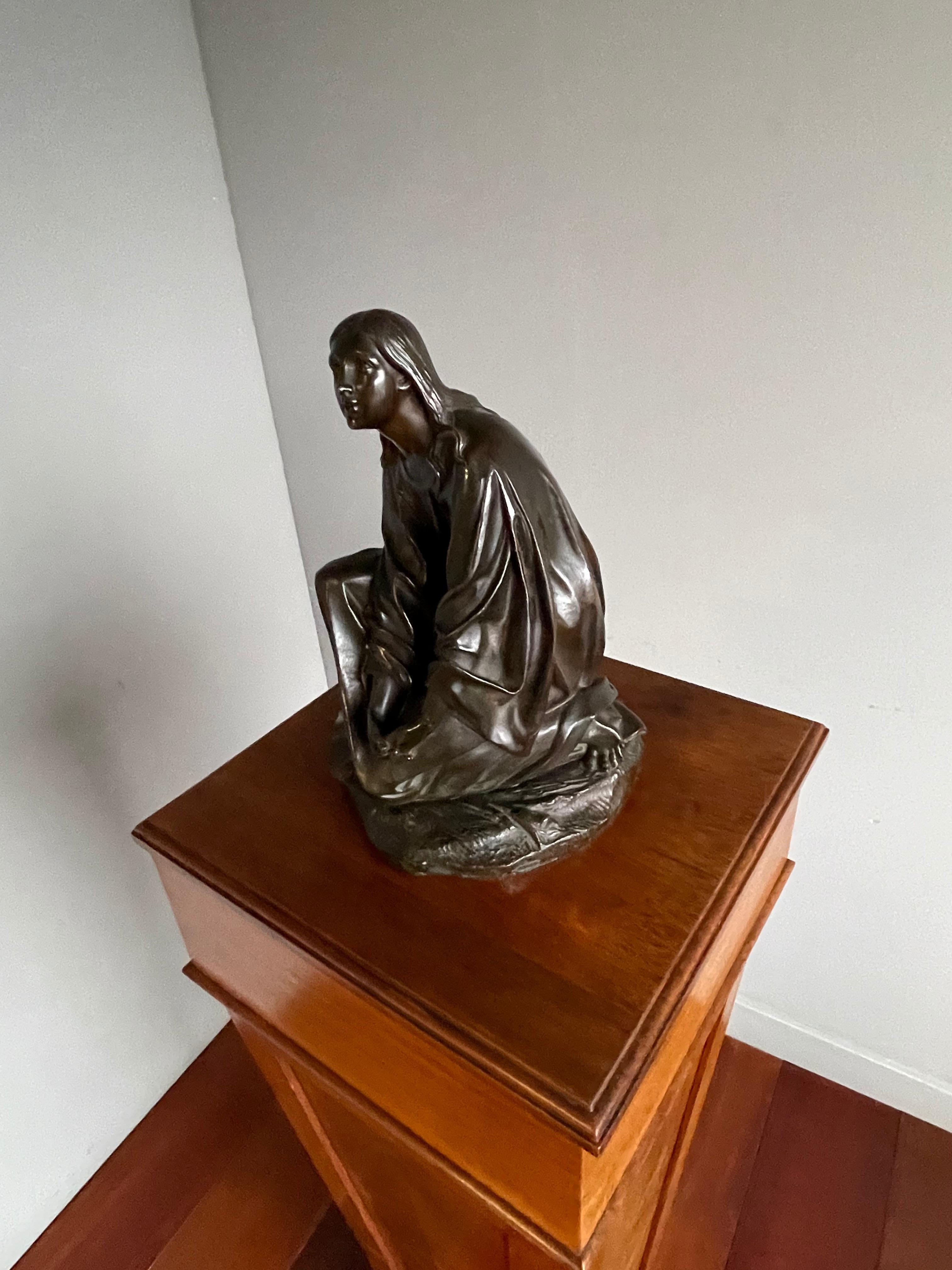 19th Century Antique & Stunning Bronze Kneeling Angel Sculpture Marked 1841 by T. Gechter For Sale