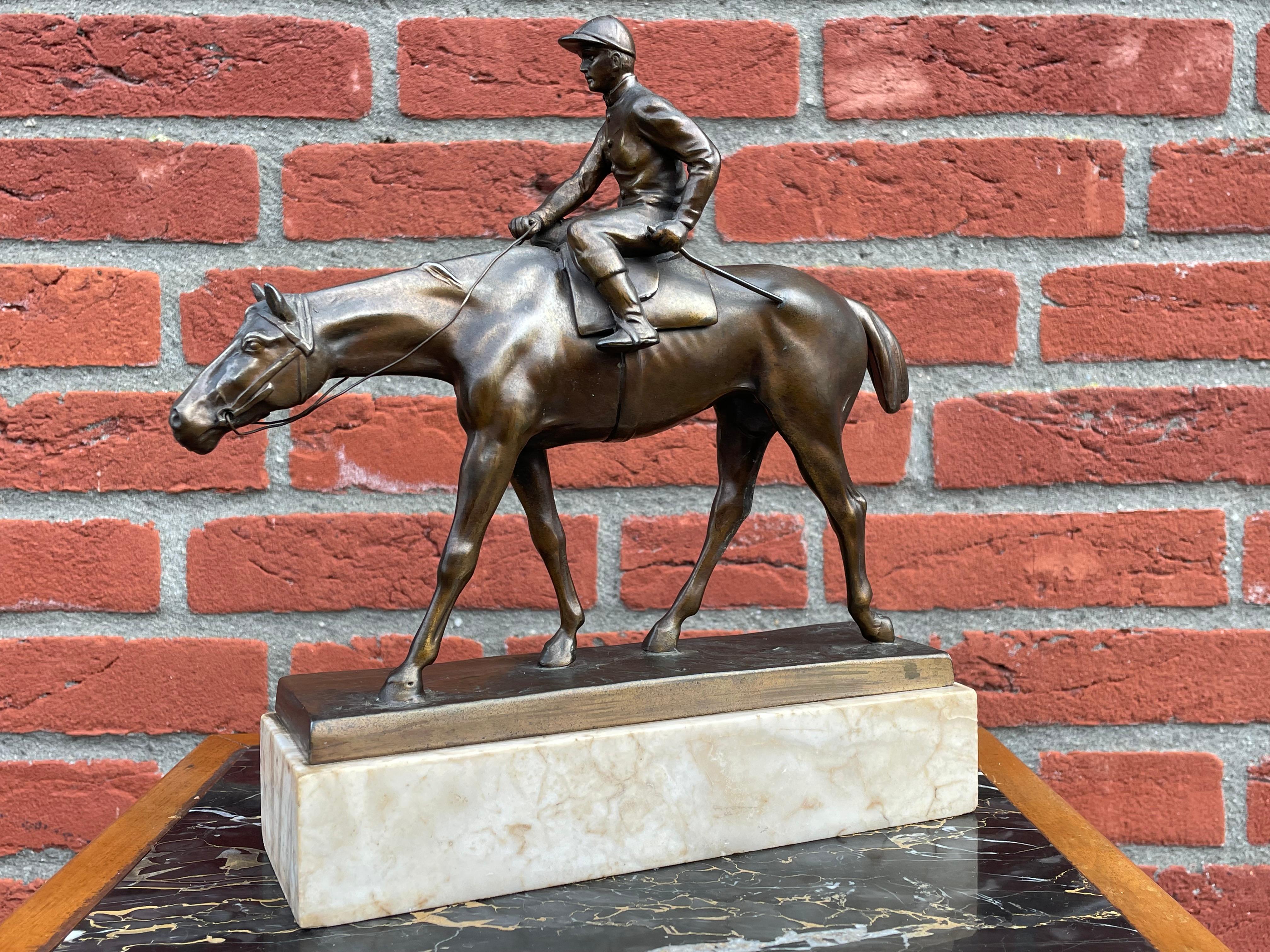 Antique & Stunning Bronzed Thoroughbred Racing Horse and Jockey on Marble Base 3