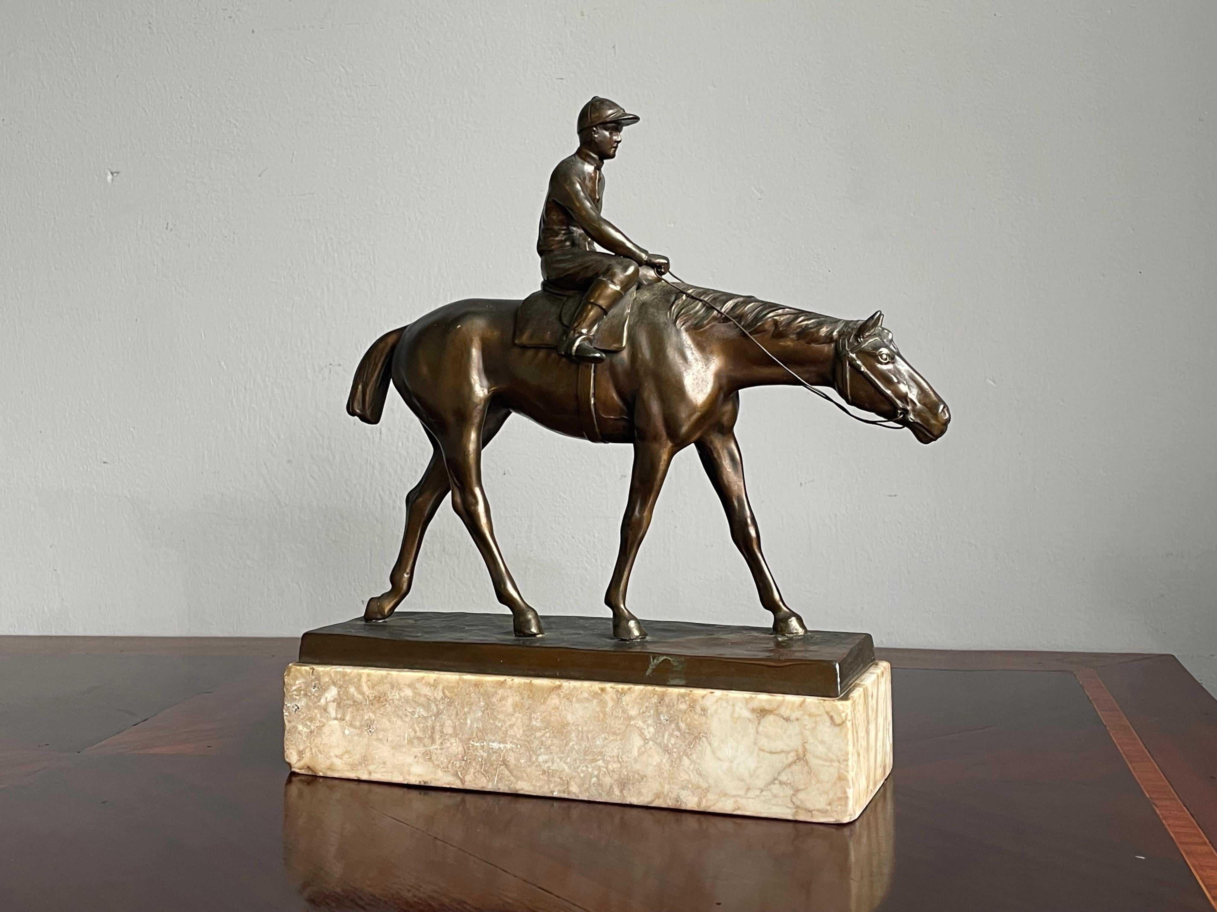 Antique & Stunning Bronzed Thoroughbred Racing Horse and Jockey on Marble Base 4
