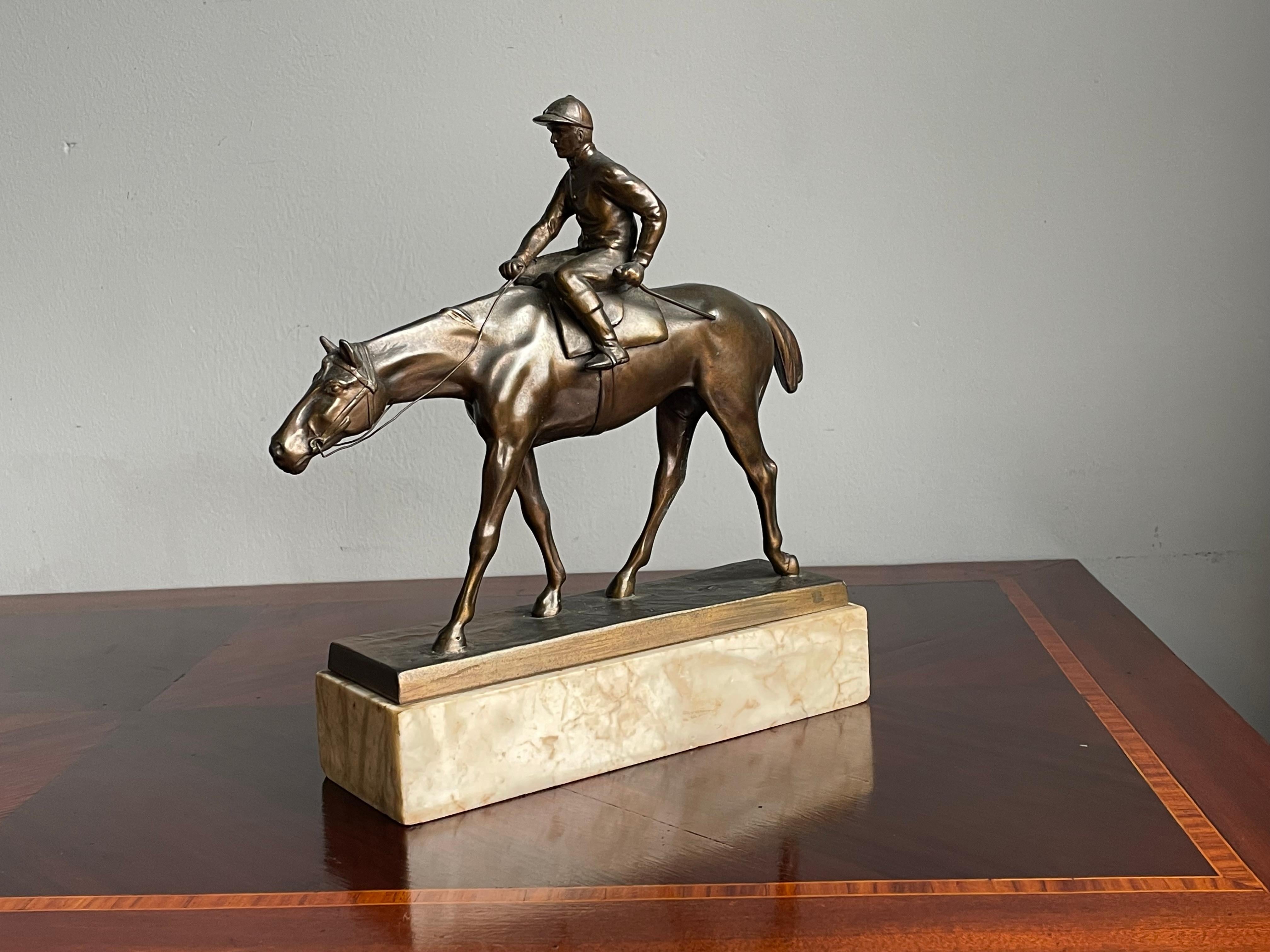 Antique & Stunning Bronzed Thoroughbred Racing Horse and Jockey on Marble Base 5