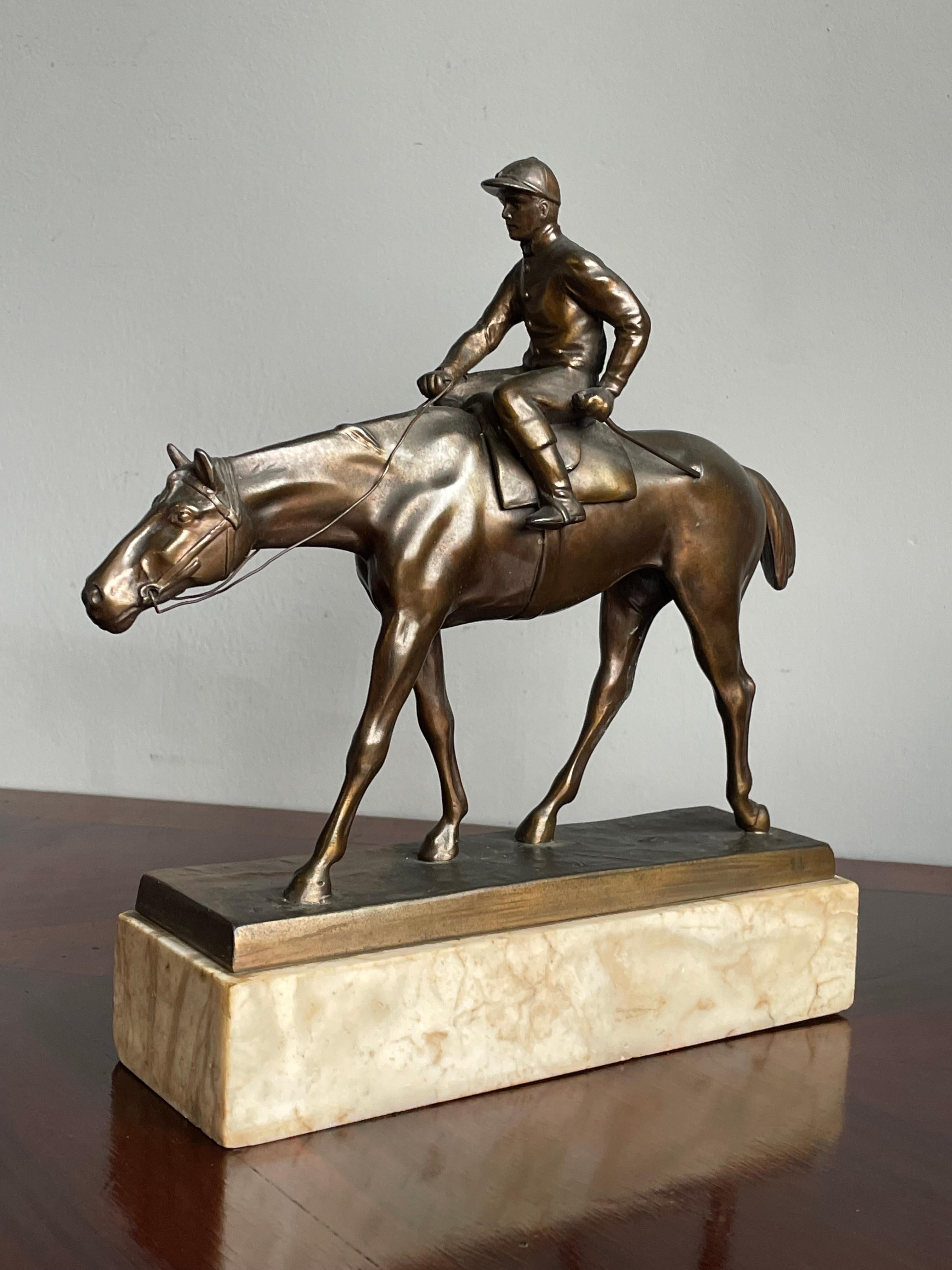 Antique & Stunning Bronzed Thoroughbred Racing Horse and Jockey on Marble Base 6