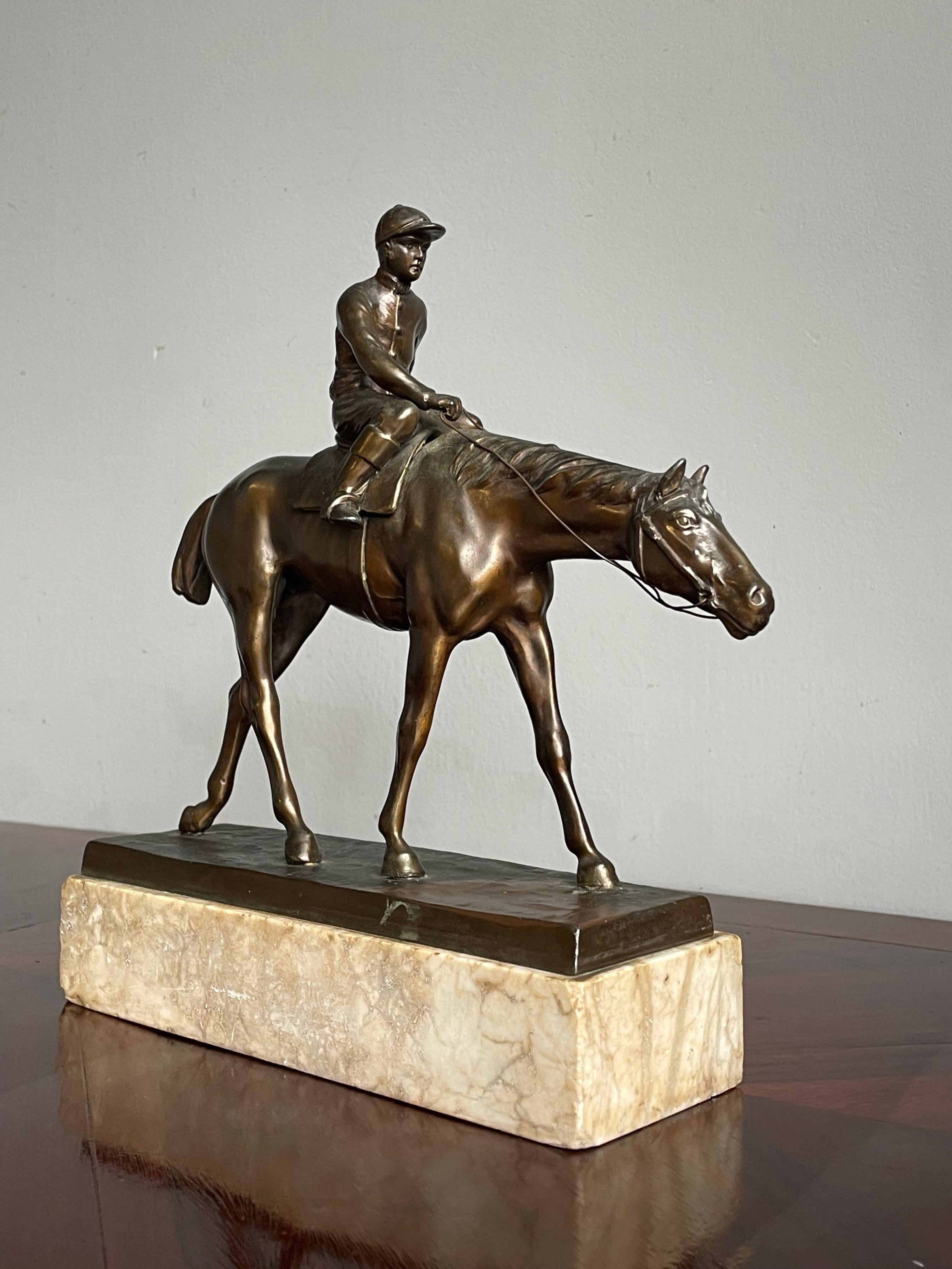Antique & Stunning Bronzed Thoroughbred Racing Horse and Jockey on Marble Base 7