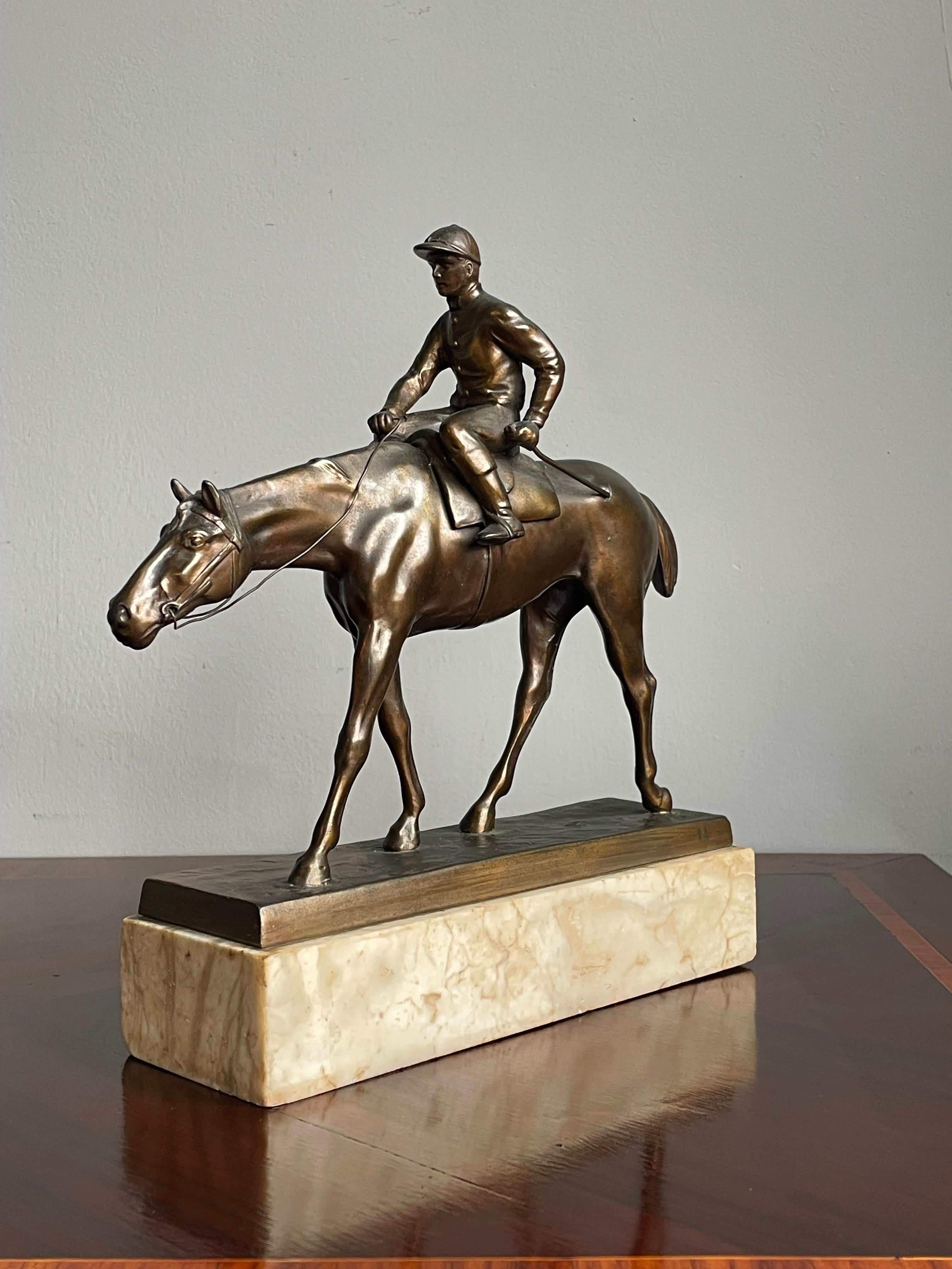 Antique & Stunning Bronzed Thoroughbred Racing Horse and Jockey on Marble Base 8