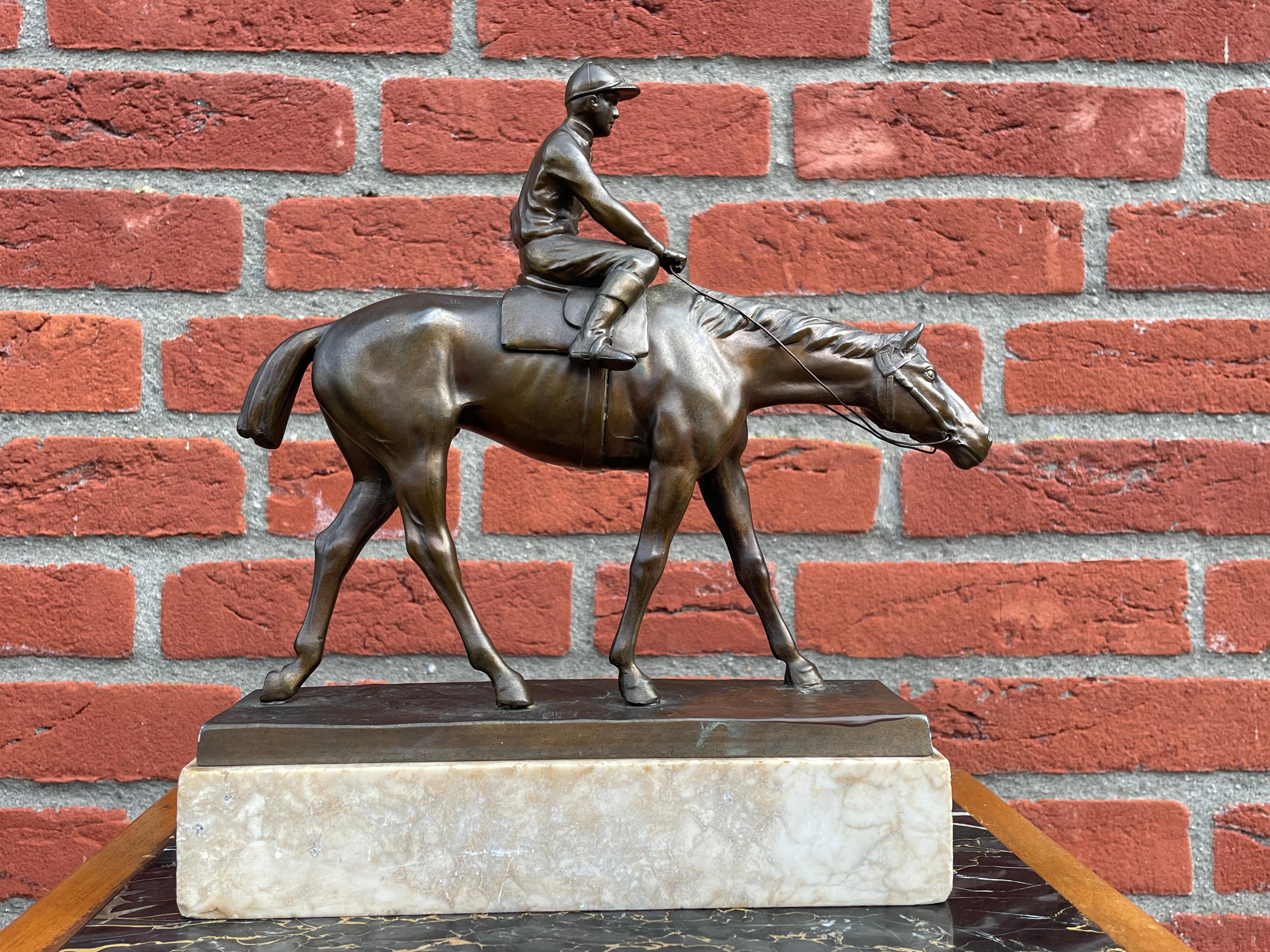 Stylish, rare and top quality workmanship horse and jockey sculpture.

This antique is not only rare, stunning, original and top quality made, it also is very decorative and highly collectible. Both for collectors of horse sculptures and for horse