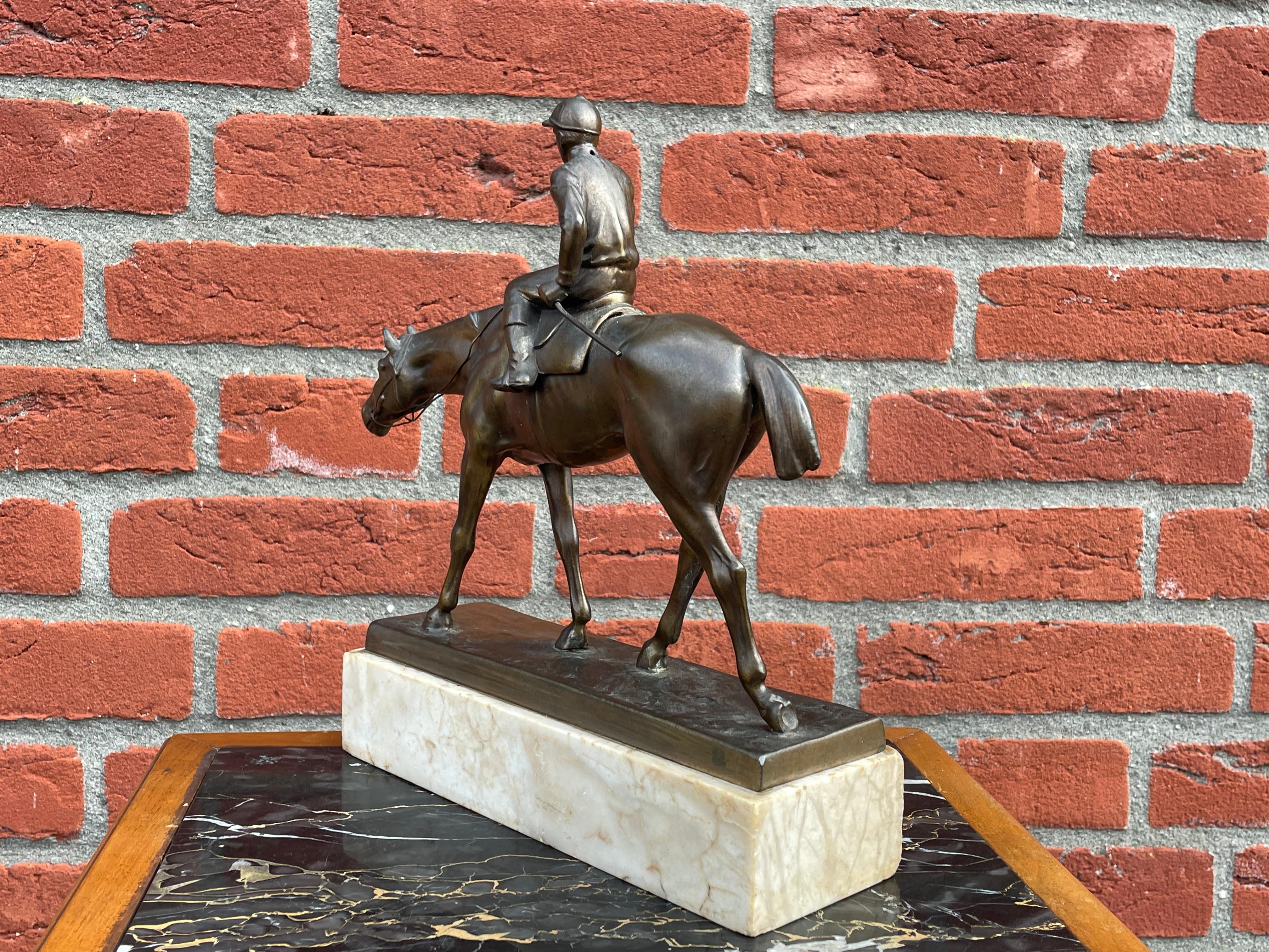 Victorian Antique & Stunning Bronzed Thoroughbred Racing Horse and Jockey on Marble Base