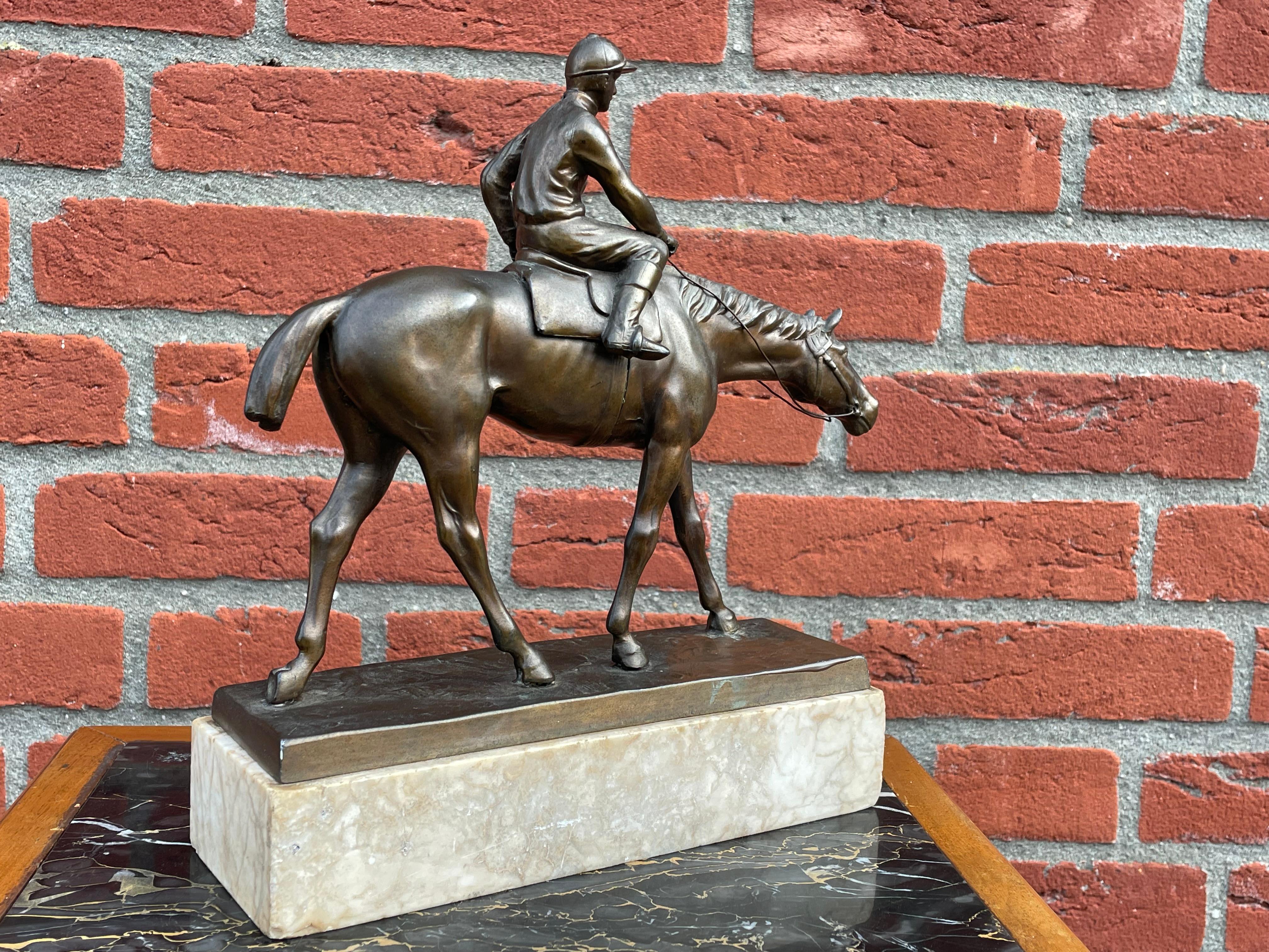 European Antique & Stunning Bronzed Thoroughbred Racing Horse and Jockey on Marble Base