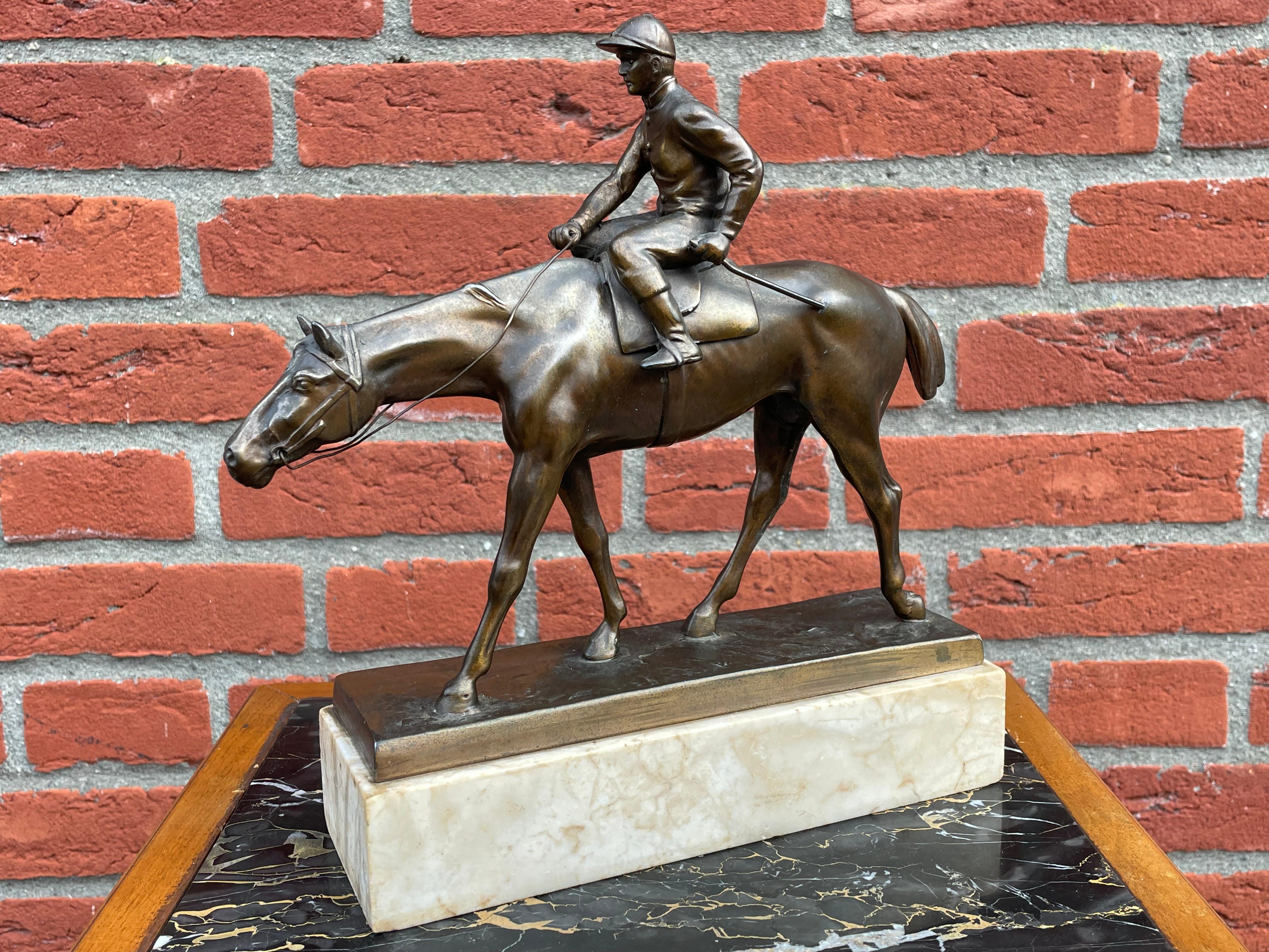 20th Century Antique & Stunning Bronzed Thoroughbred Racing Horse and Jockey on Marble Base