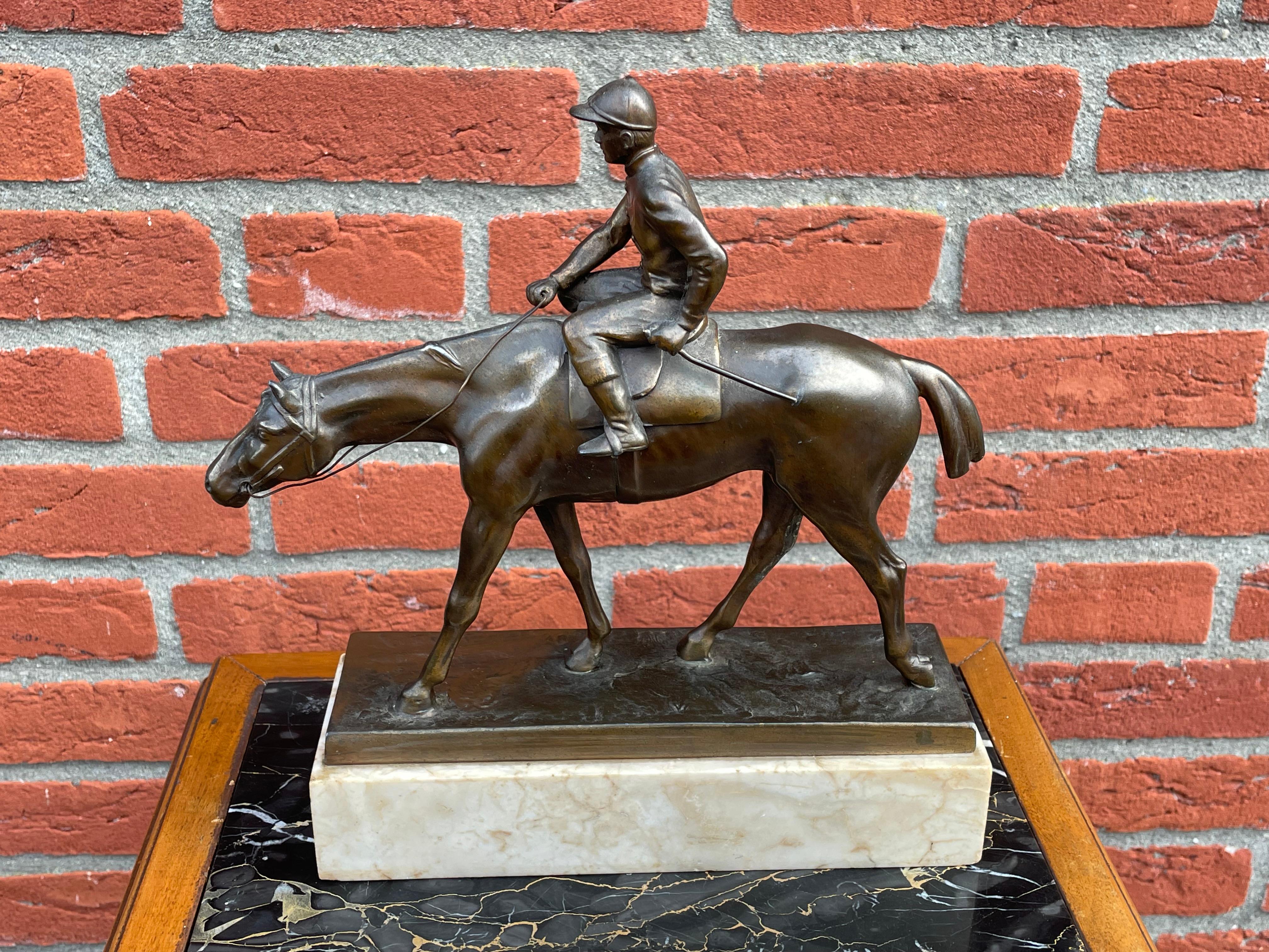 Spelter Antique & Stunning Bronzed Thoroughbred Racing Horse and Jockey on Marble Base