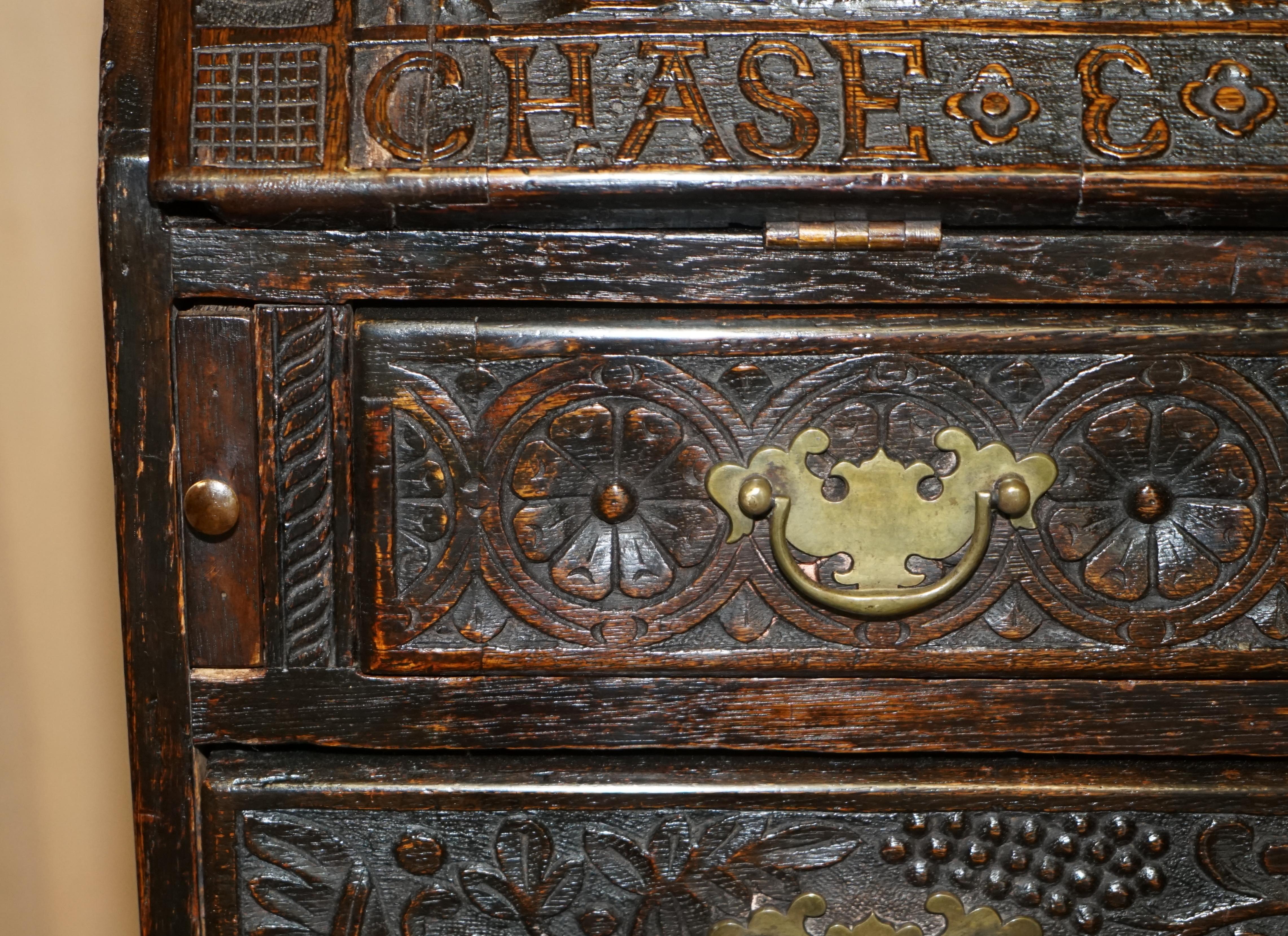 Antique Stunning circa 1780 Jacobean Hand Carved Bureau Desk with Hunting Scene For Sale 3