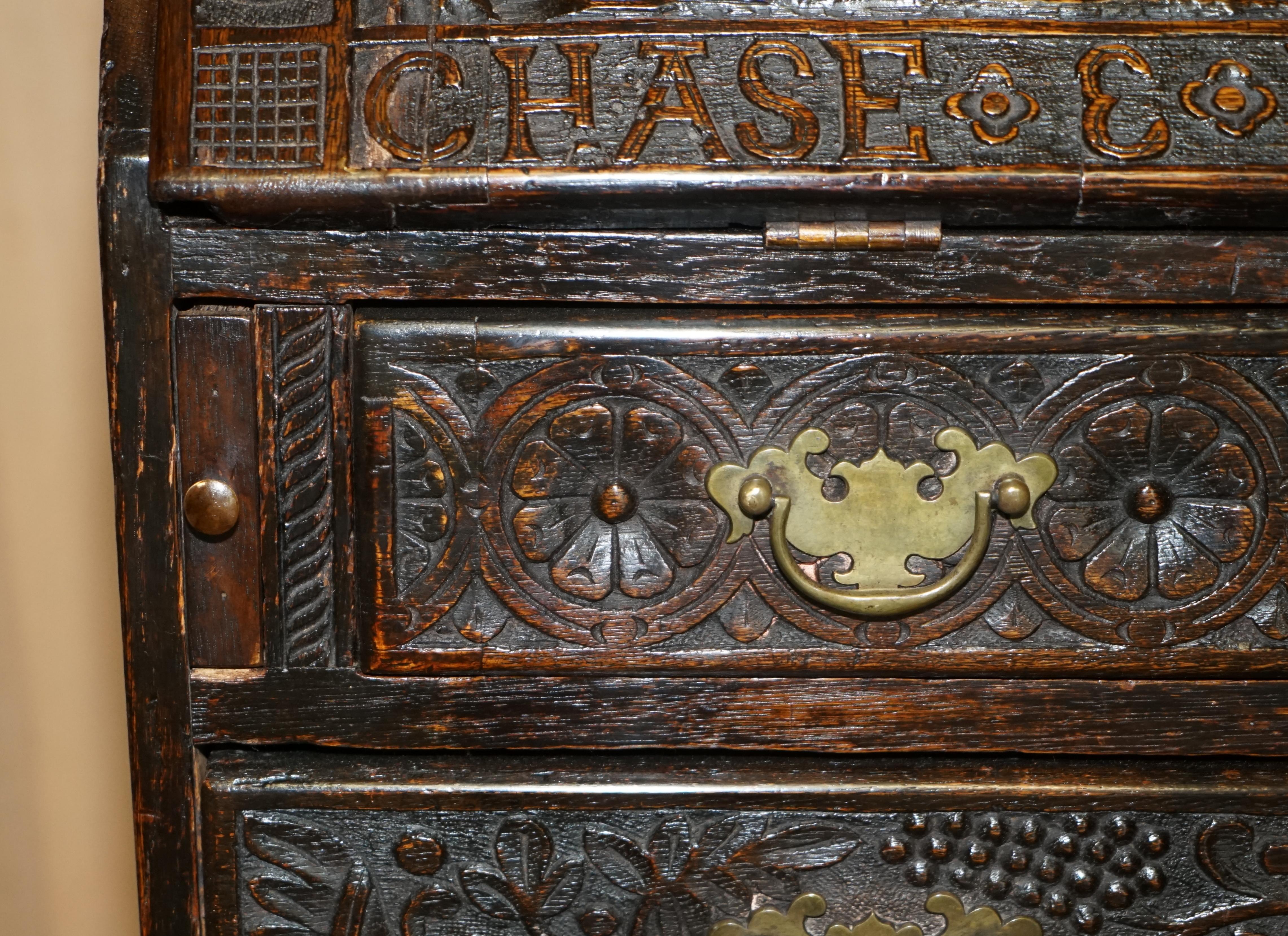 Antique Stunning circa 1780 Jacobean Hand Carved Bureau Desk with Hunting Scene 2