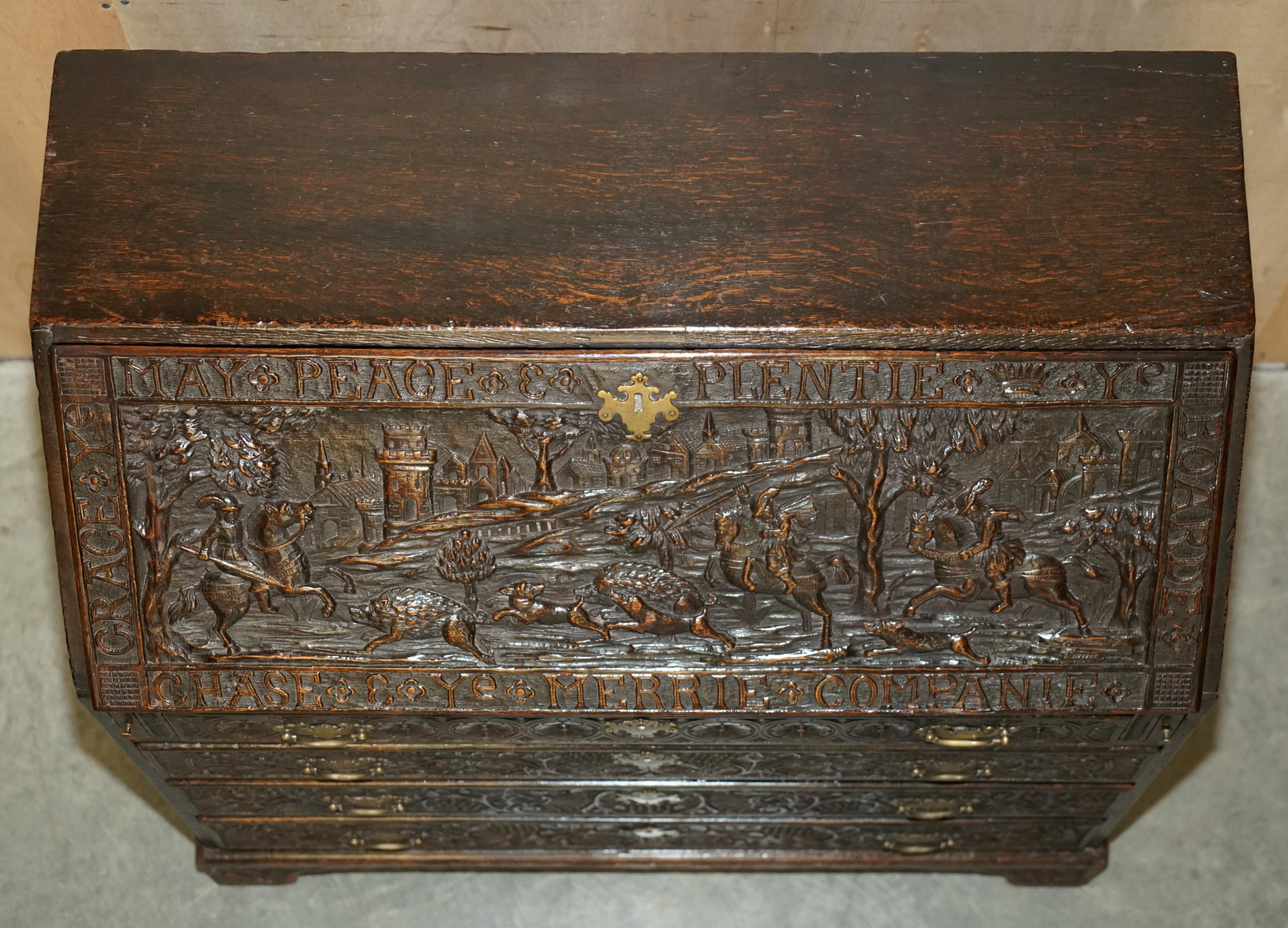 Antique Stunning circa 1780 Jacobean Hand Carved Bureau Desk with Hunting Scene For Sale 6