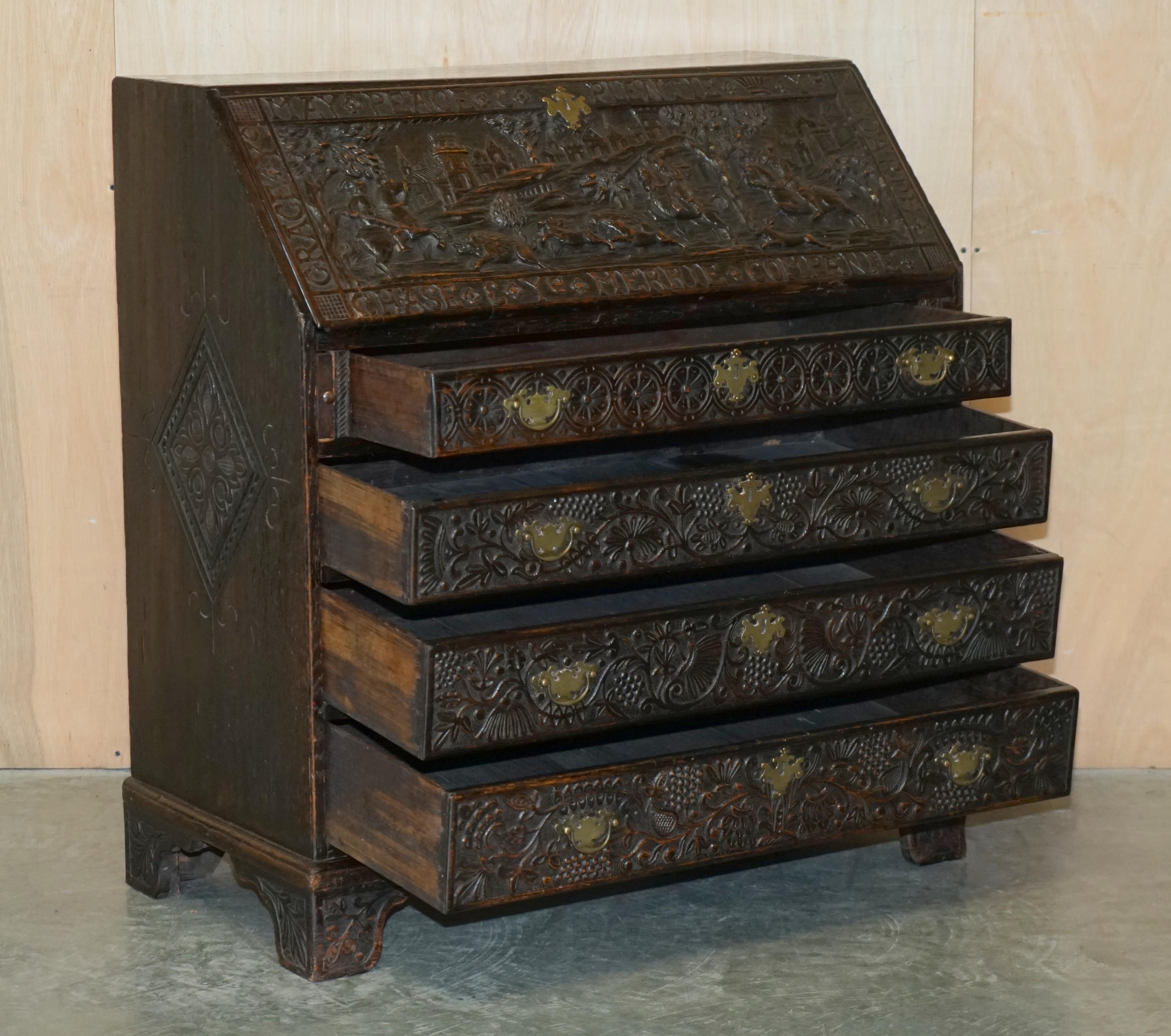Antique Stunning circa 1780 Jacobean Hand Carved Bureau Desk with Hunting Scene 10