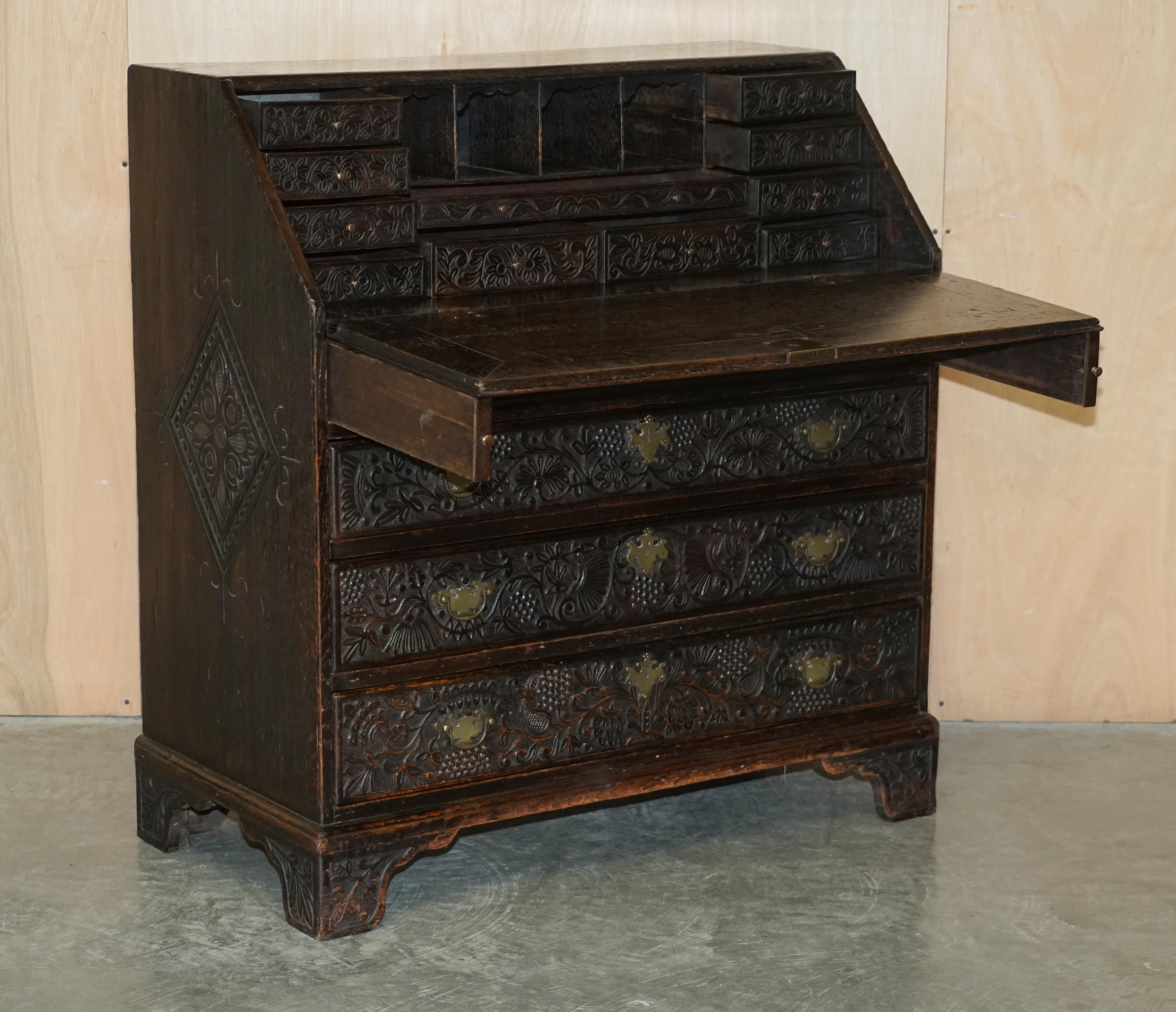 Antique Stunning circa 1780 Jacobean Hand Carved Bureau Desk with Hunting Scene For Sale 12