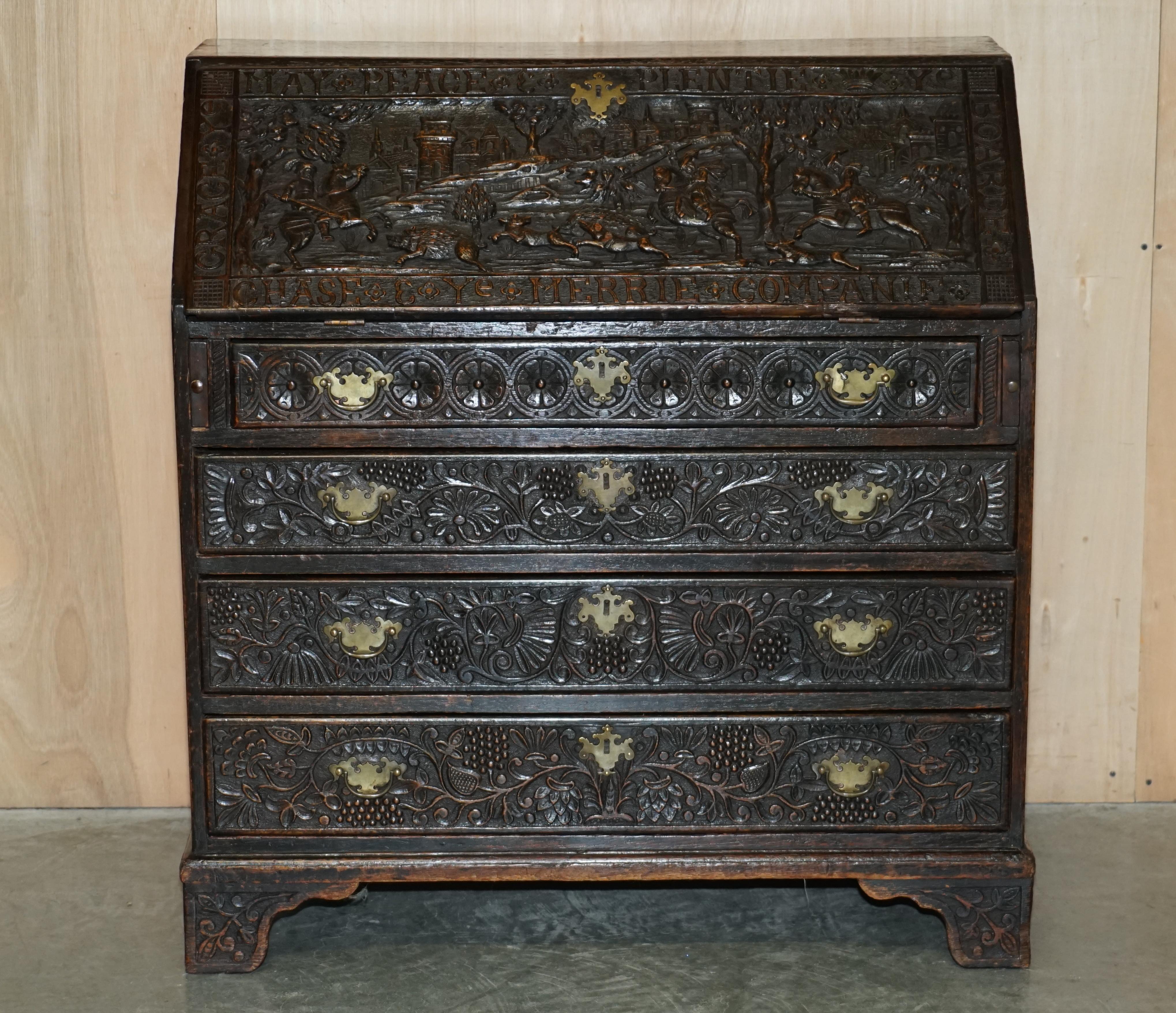 George III Antique Stunning circa 1780 Jacobean Hand Carved Bureau Desk with Hunting Scene For Sale