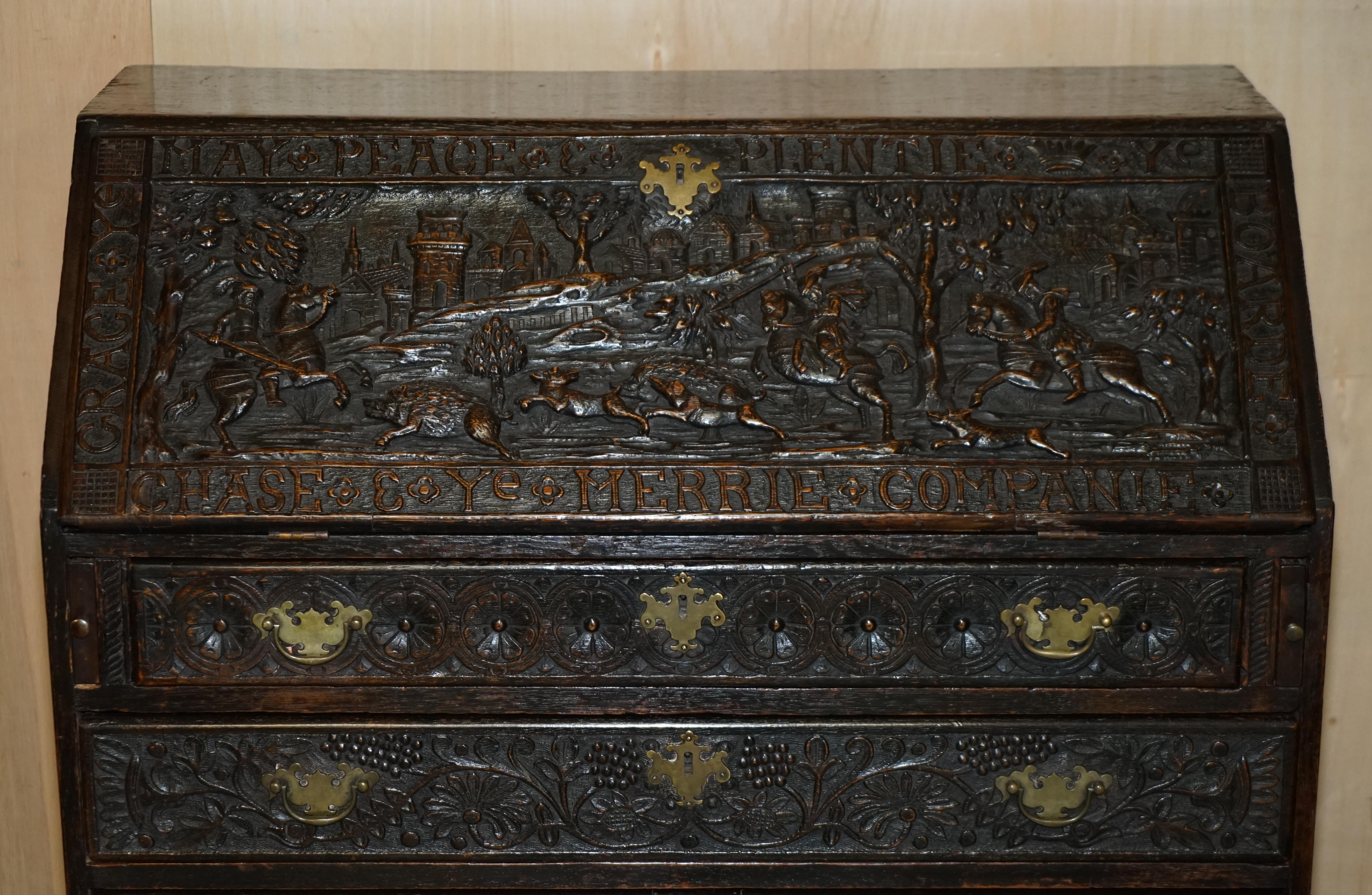 English Antique Stunning circa 1780 Jacobean Hand Carved Bureau Desk with Hunting Scene For Sale