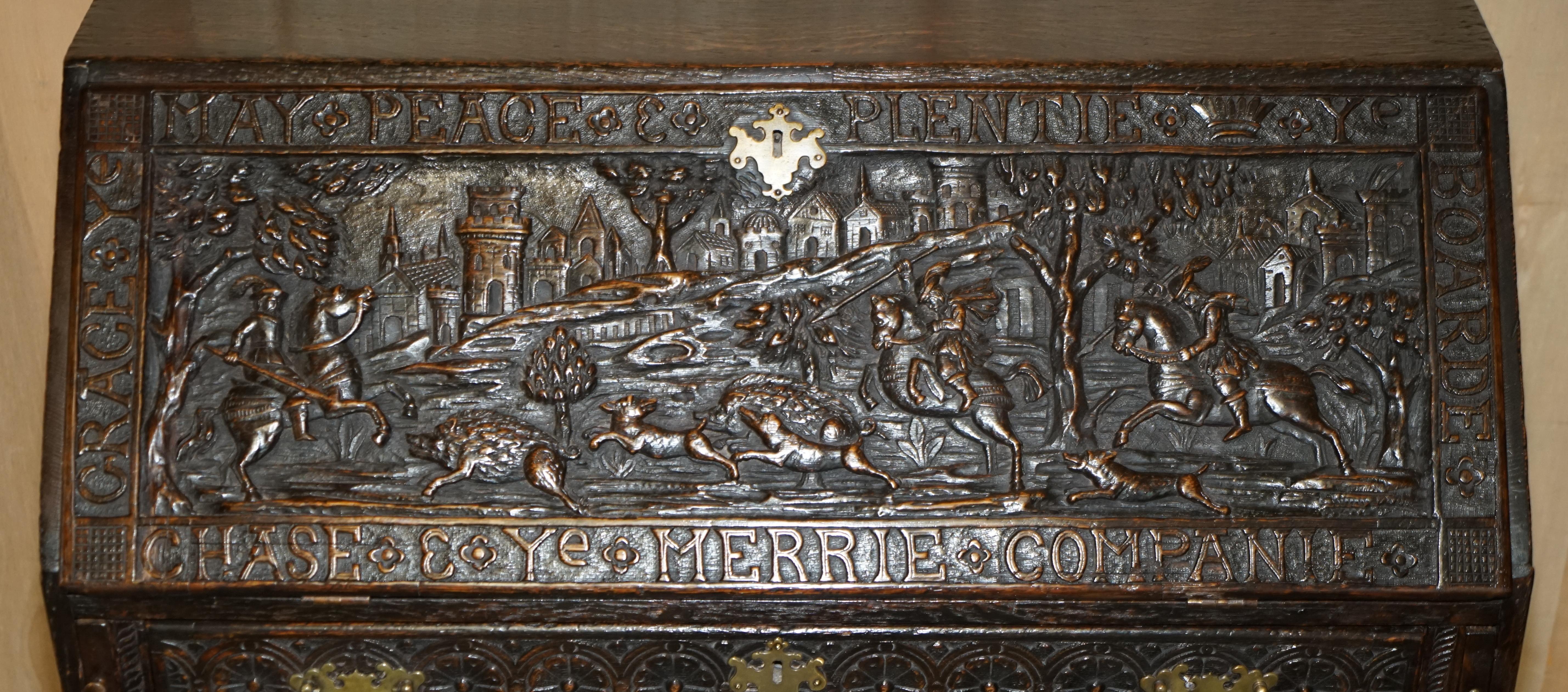 Antique Stunning circa 1780 Jacobean Hand Carved Bureau Desk with Hunting Scene In Good Condition In West Sussex, Pulborough