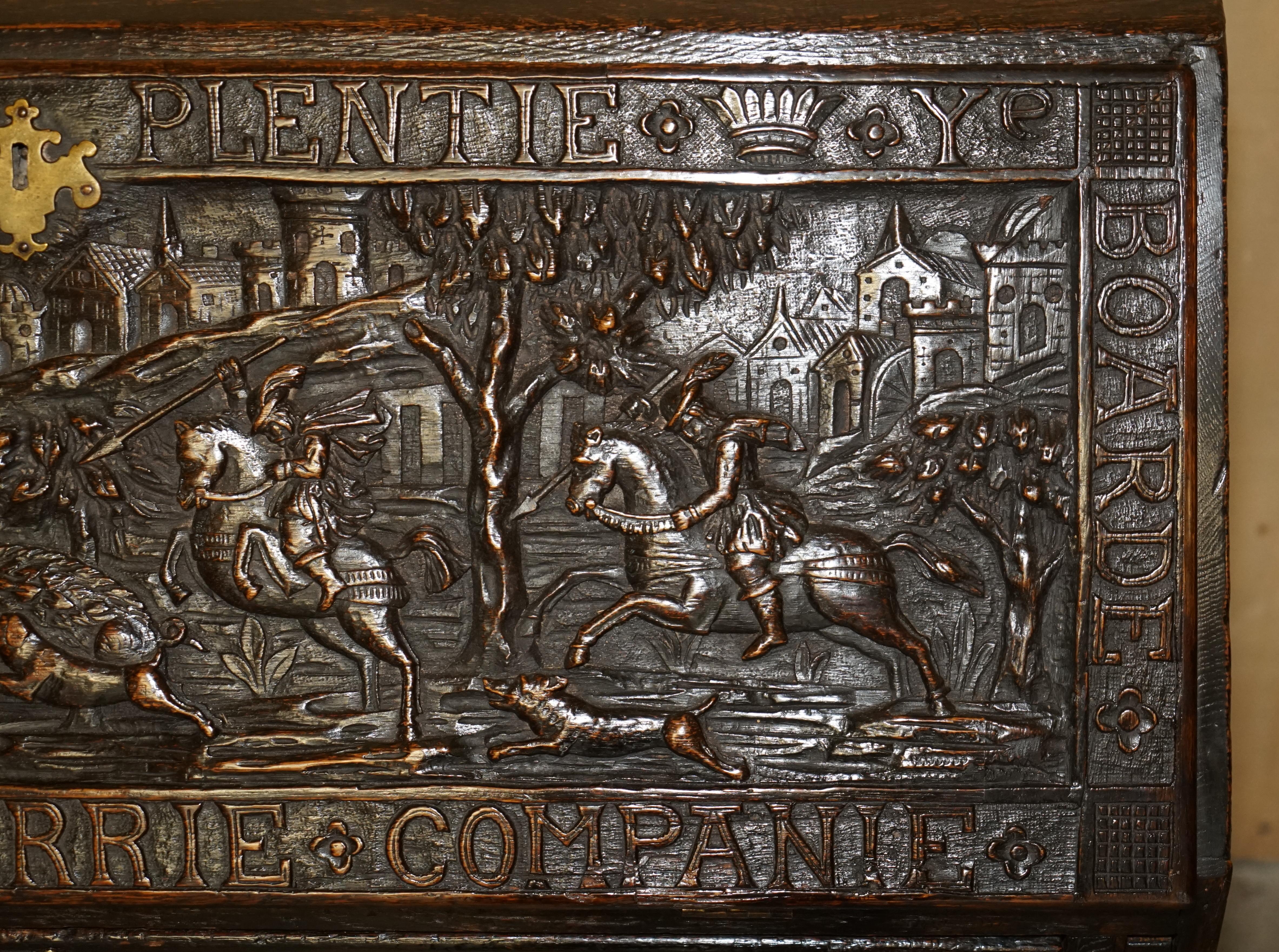 Antique Stunning circa 1780 Jacobean Hand Carved Bureau Desk with Hunting Scene 1